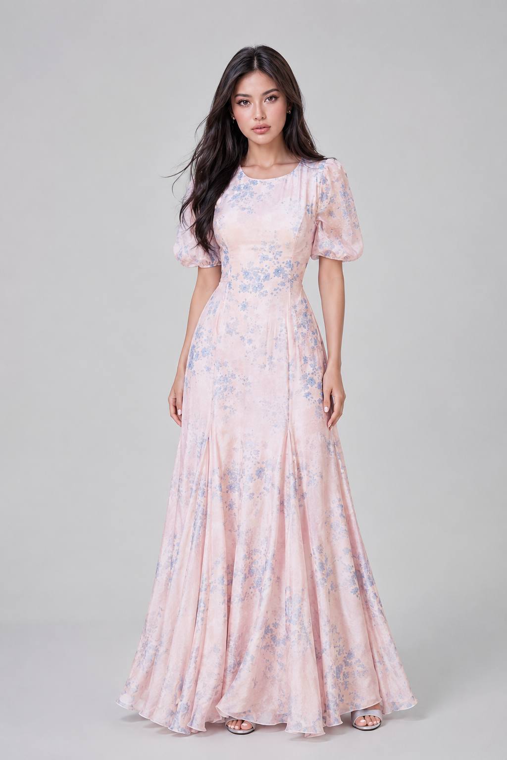 Round Neck Short Sleeve Slimming Waist-Cinched A-Line Flared Maxi Dress