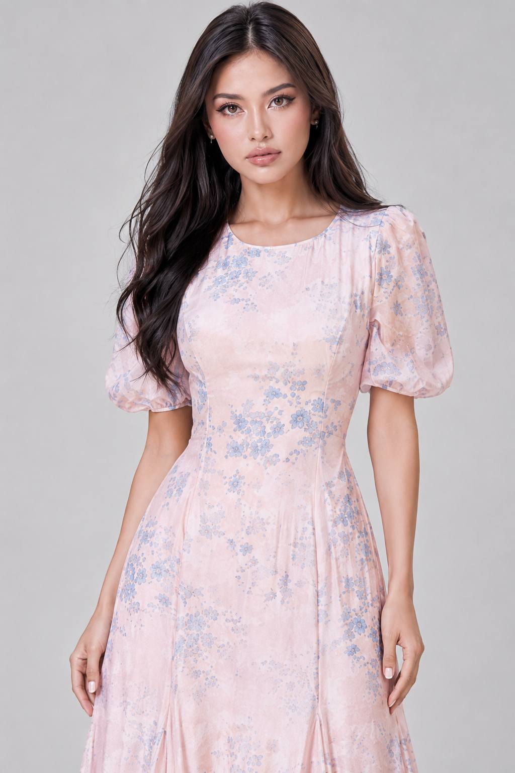 Round Neck Short Sleeve Slimming Waist-Cinched A-Line Flared Maxi Dress