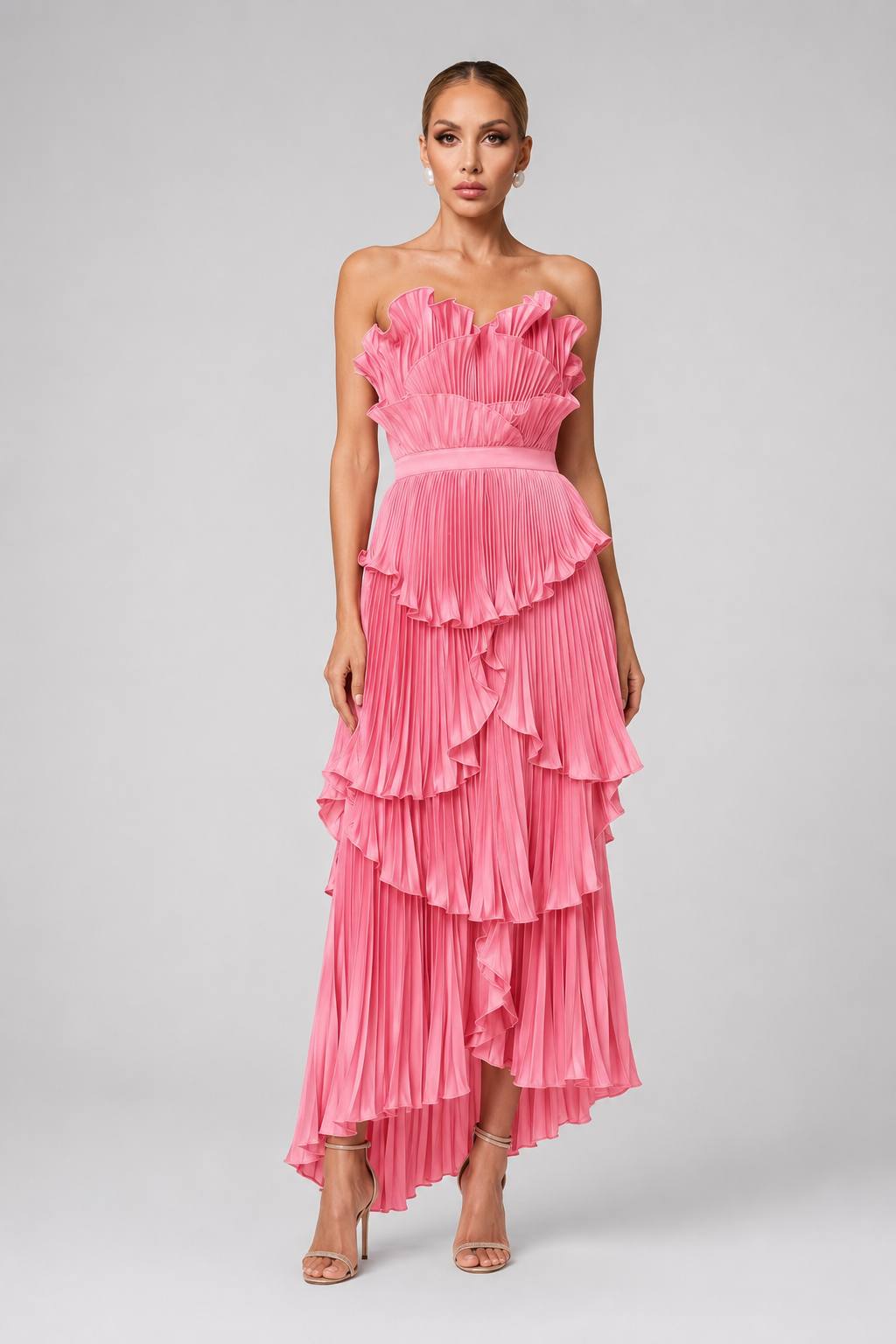 Strapless Ruffled Pleated Waist-Cinched Evening & Bridesmaid Dress
