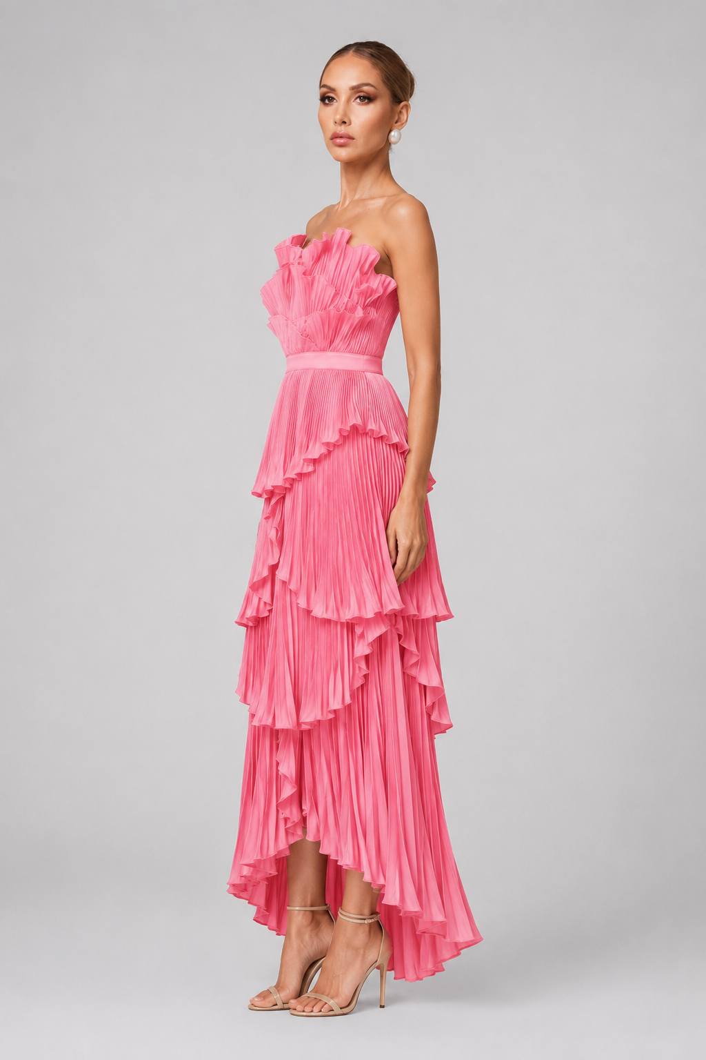 Strapless Ruffled Pleated Waist-Cinched Evening & Bridesmaid Dress