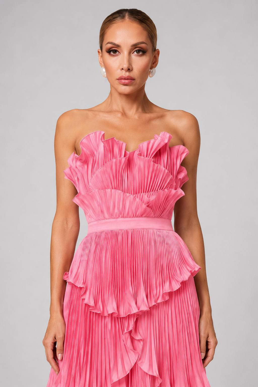 Strapless Ruffled Pleated Waist-Cinched Evening & Bridesmaid Dress