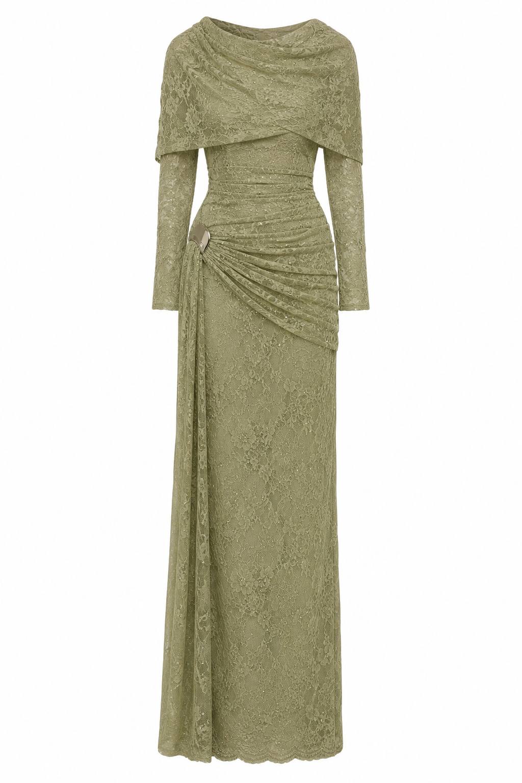 High-Waist Pleated Slim Fit Flared Sleeve Formal Gown