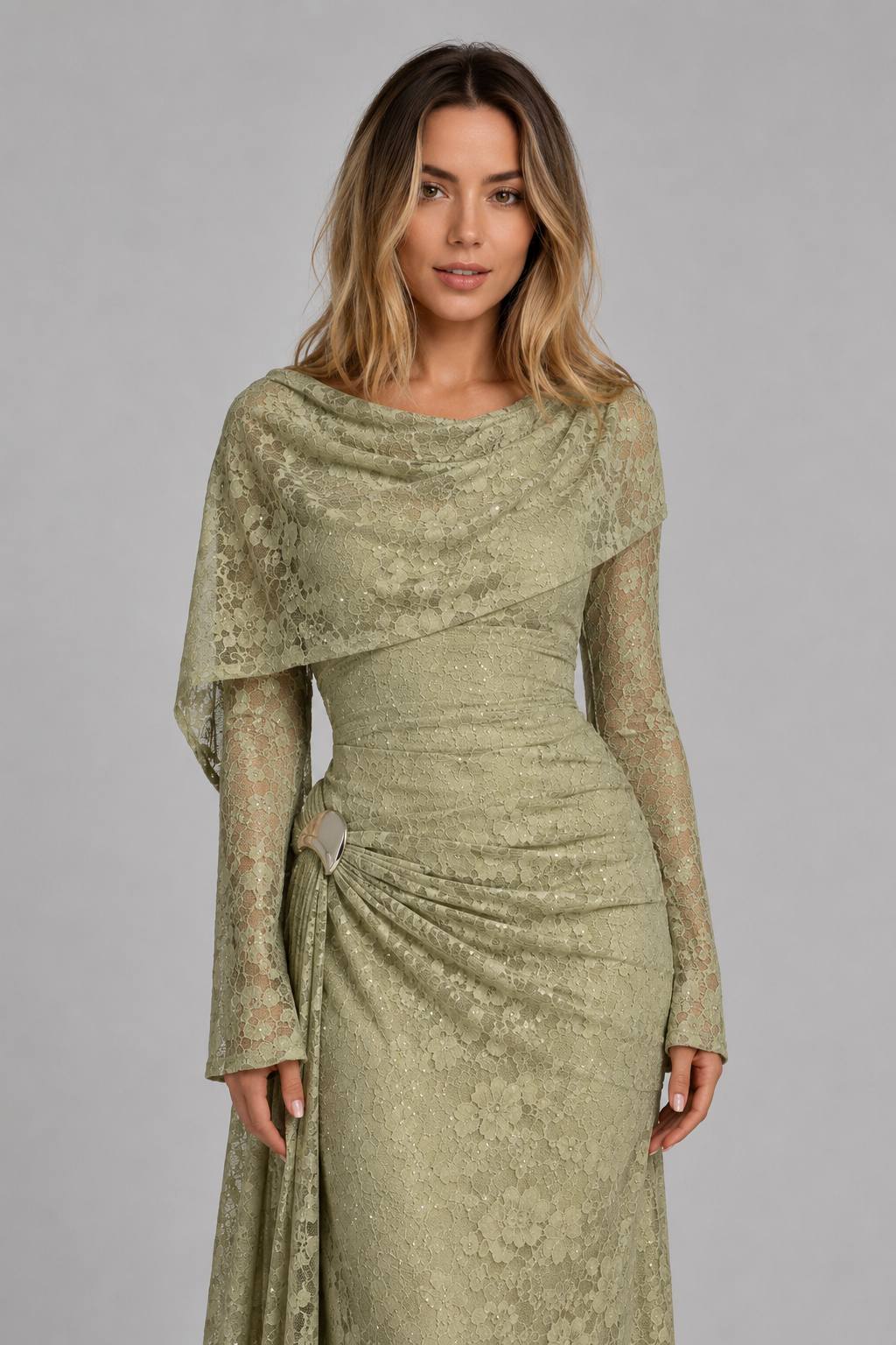 High-Waist Pleated Slim Fit Flared Sleeve Formal Gown