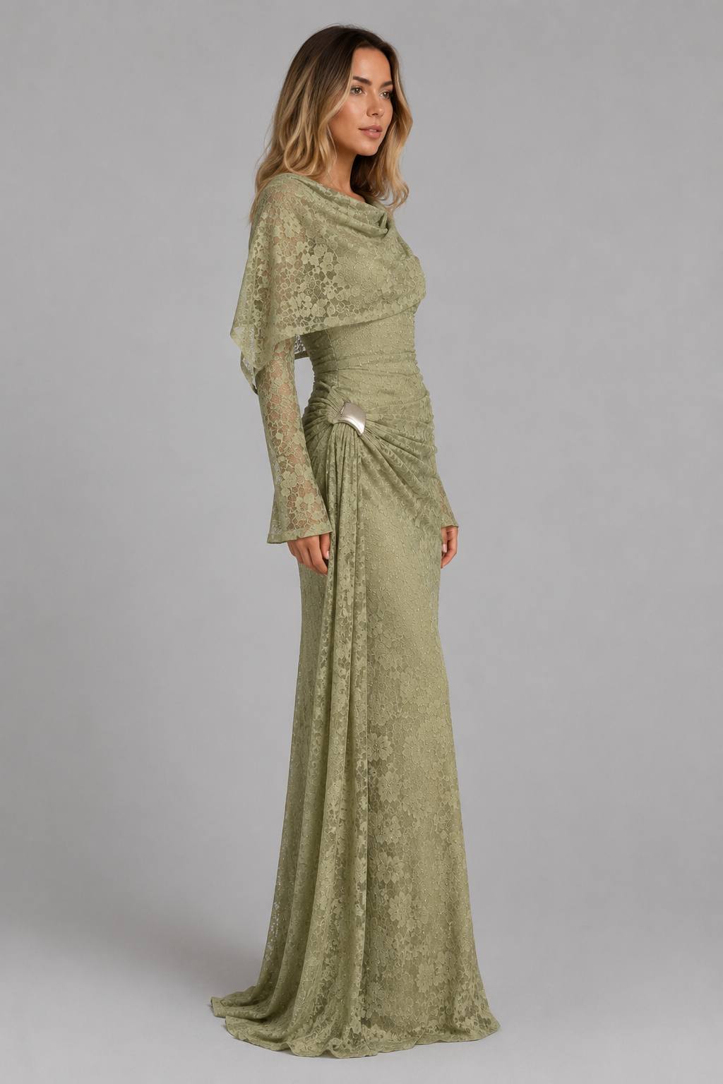 High-Waist Pleated Slim Fit Flared Sleeve Formal Gown