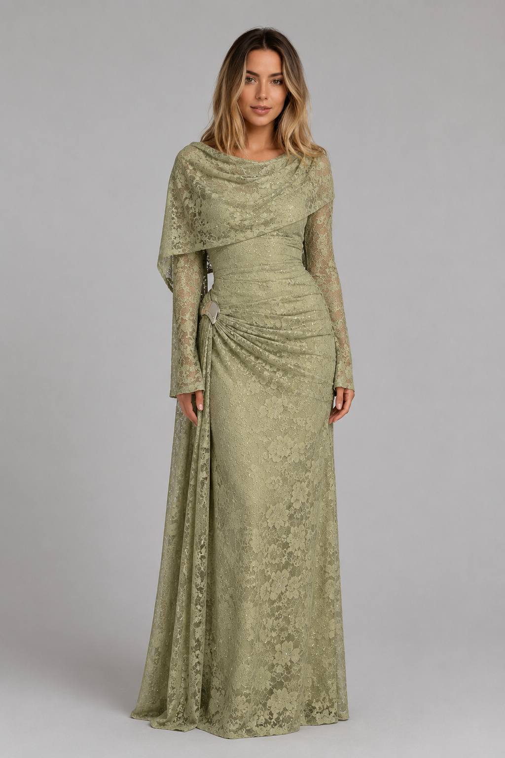High-Waist Pleated Slim Fit Flared Sleeve Formal Gown