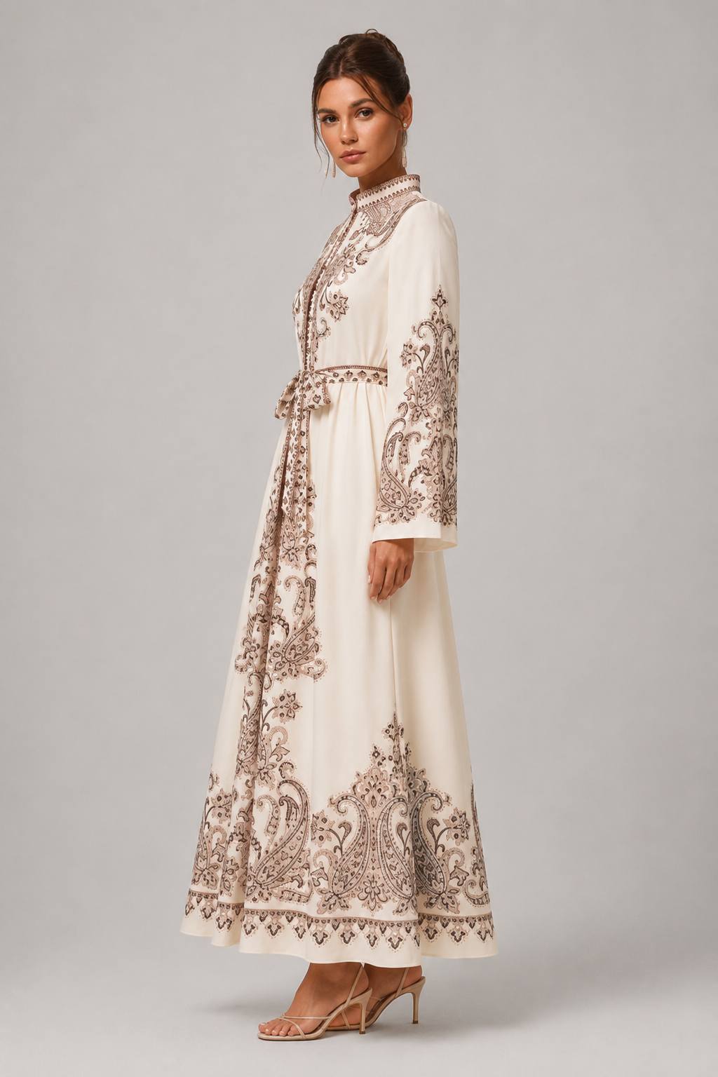 Vintage Palace Style Stand Collar Lantern Sleeve Wave Hem Printed Long Coat Dress