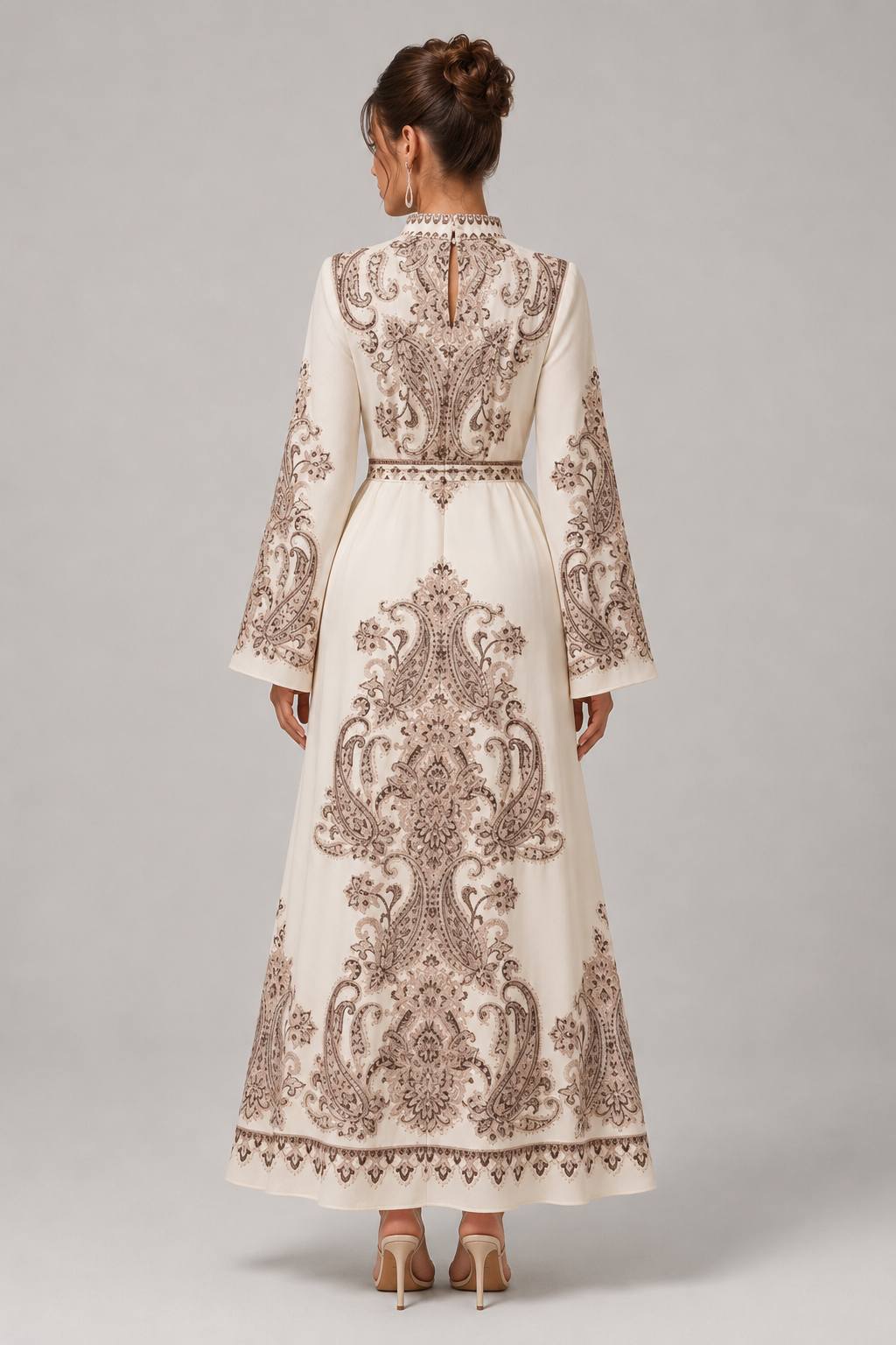 Vintage Palace Style Stand Collar Lantern Sleeve Wave Hem Printed Long Coat Dress