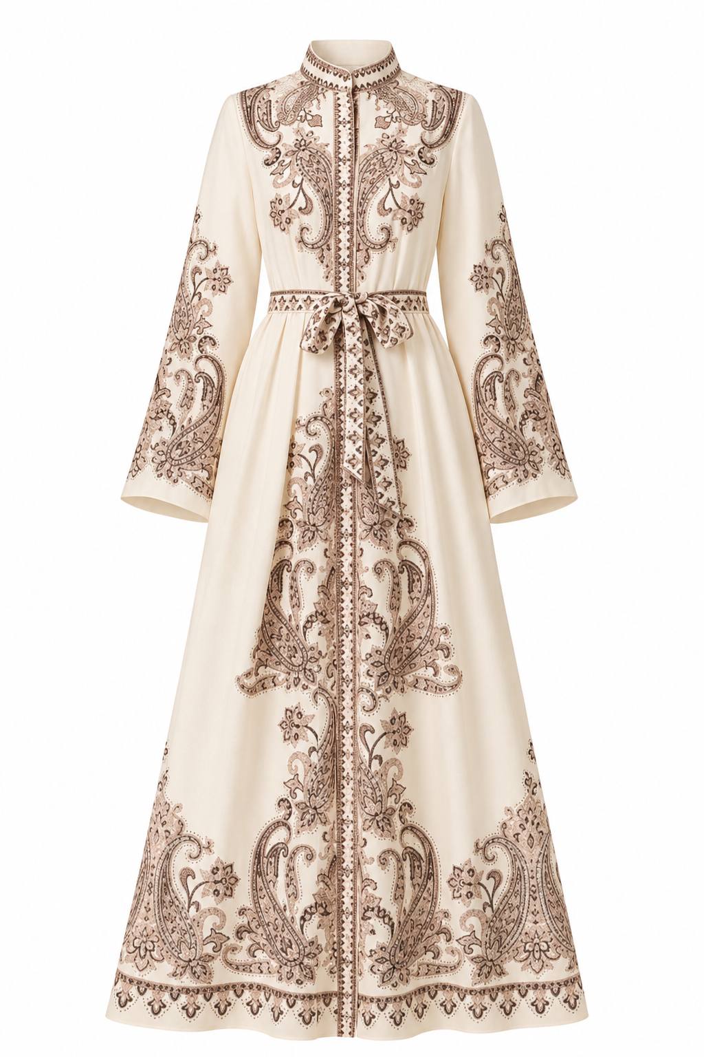 Vintage Palace Style Stand Collar Lantern Sleeve Wave Hem Printed Long Coat Dress