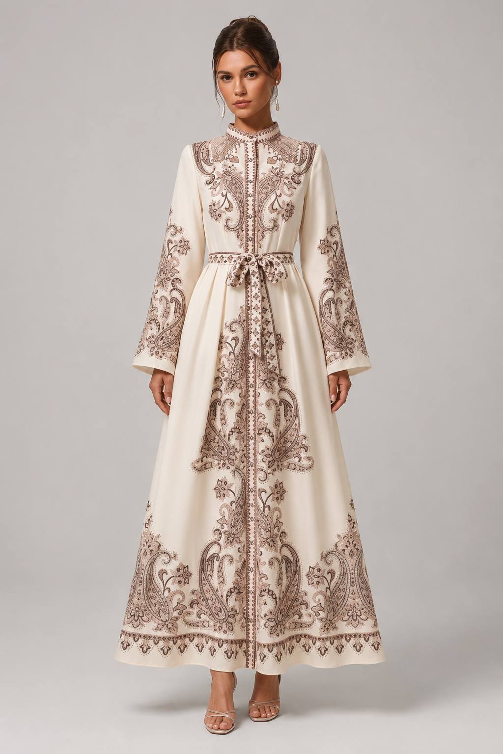 Vintage Palace Style Stand Collar Lantern Sleeve Wave Hem Printed Long Coat Dress