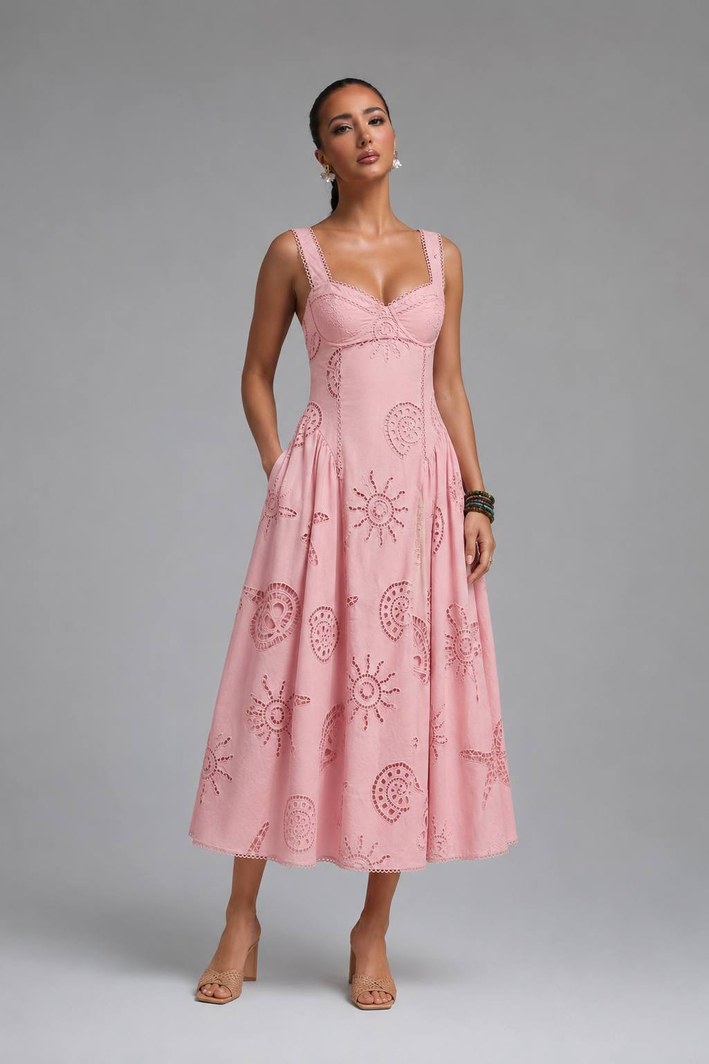 Sleeveless V-Neck Embroidery Cutout Flared Maxi Dress