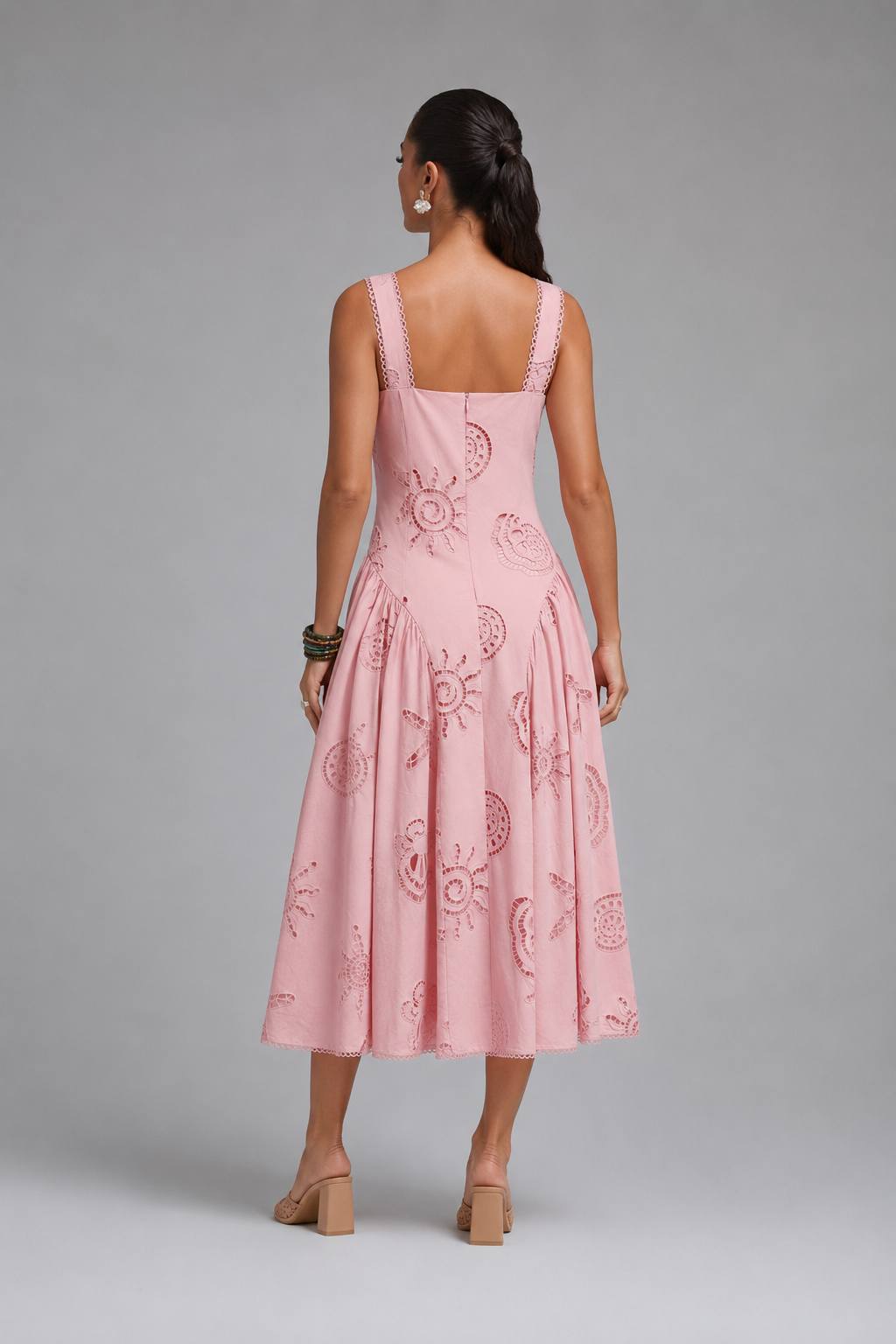 Sleeveless V-Neck Embroidery Cutout Flared Maxi Dress
