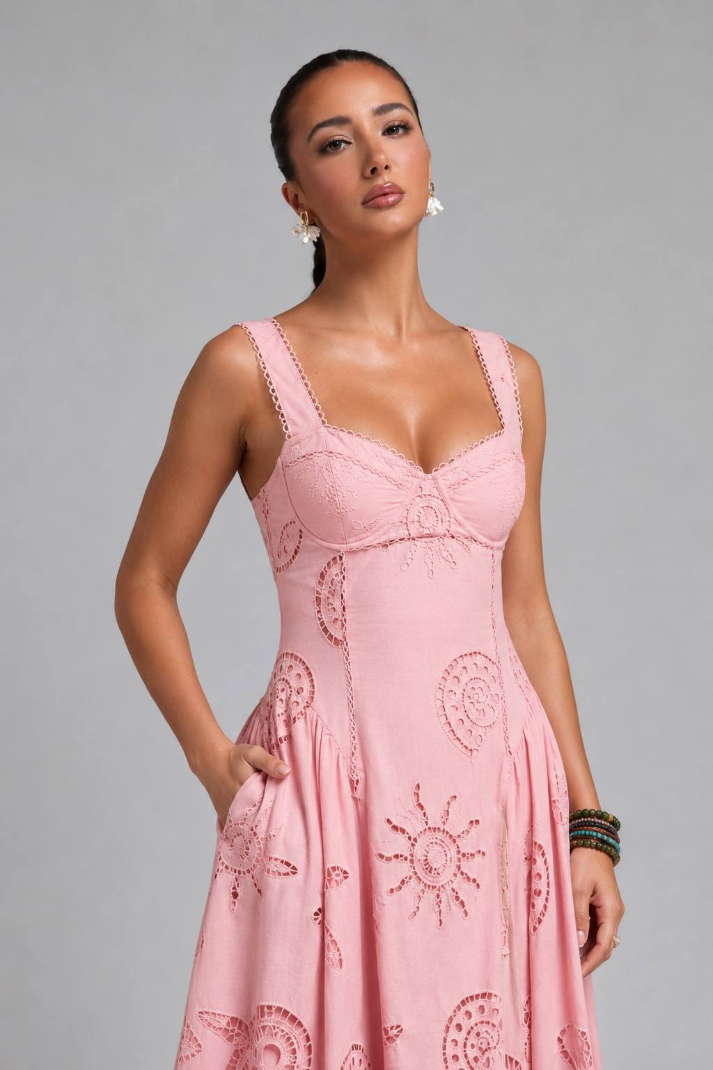 Sleeveless V-Neck Embroidery Cutout Flared Maxi Dress