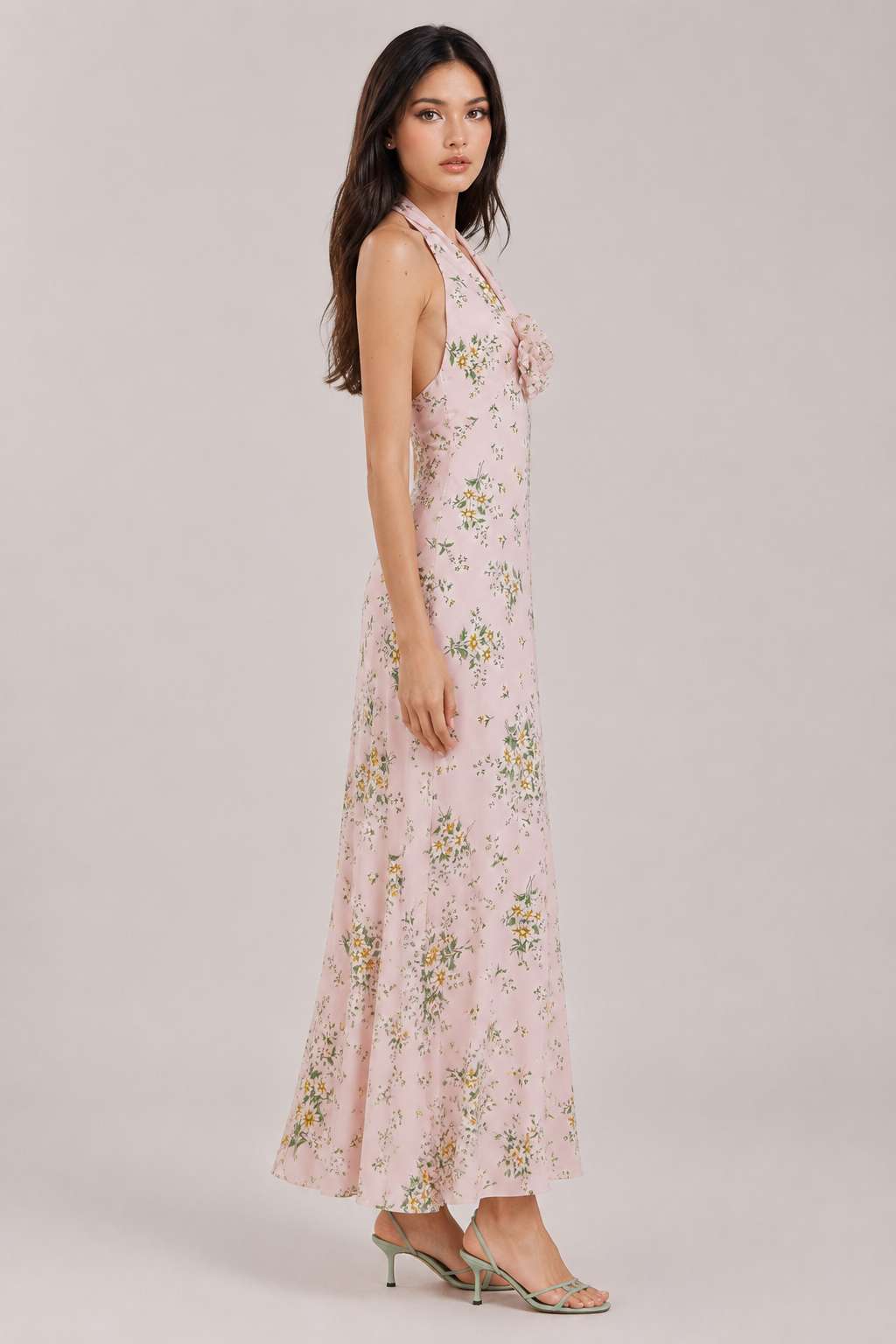 Chiffon V Neck Halter Backless Ruched Waist Floral Split Maxi Dress