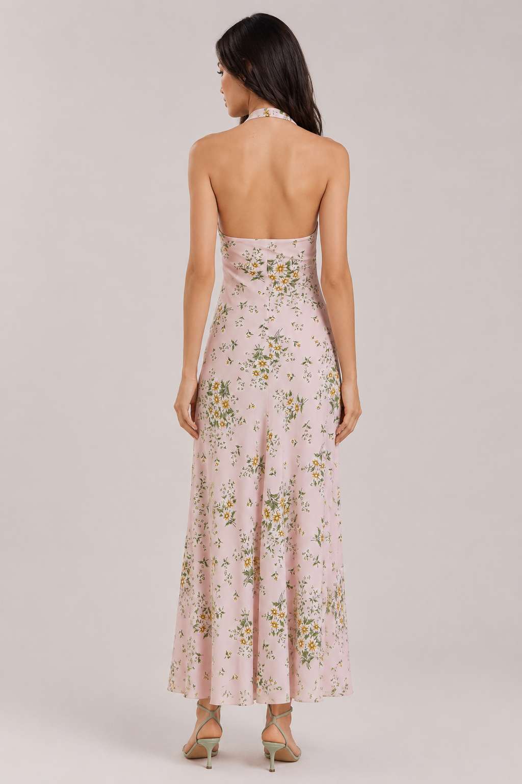 Chiffon V Neck Halter Backless Ruched Waist Floral Split Maxi Dress