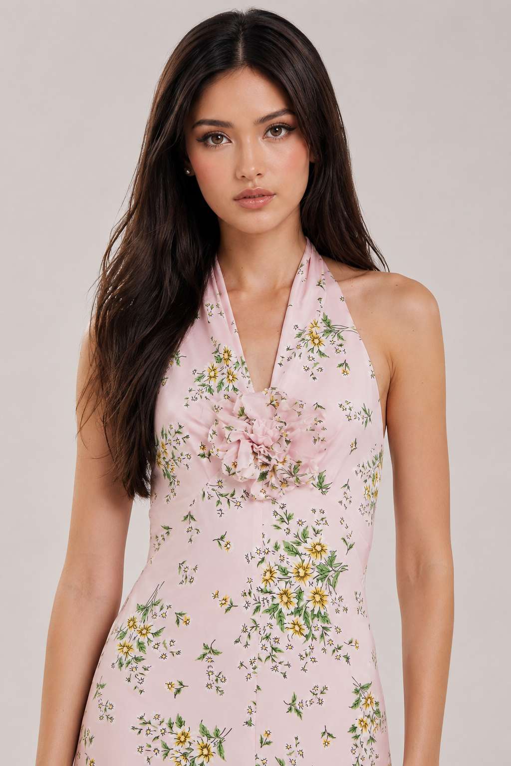 Chiffon V Neck Halter Backless Ruched Waist Floral Split Maxi Dress