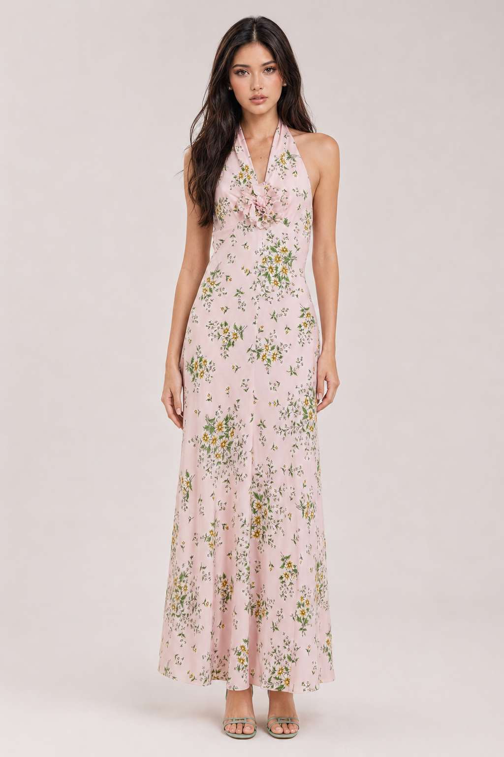 Chiffon V Neck Halter Backless Ruched Waist Floral Split Maxi Dress