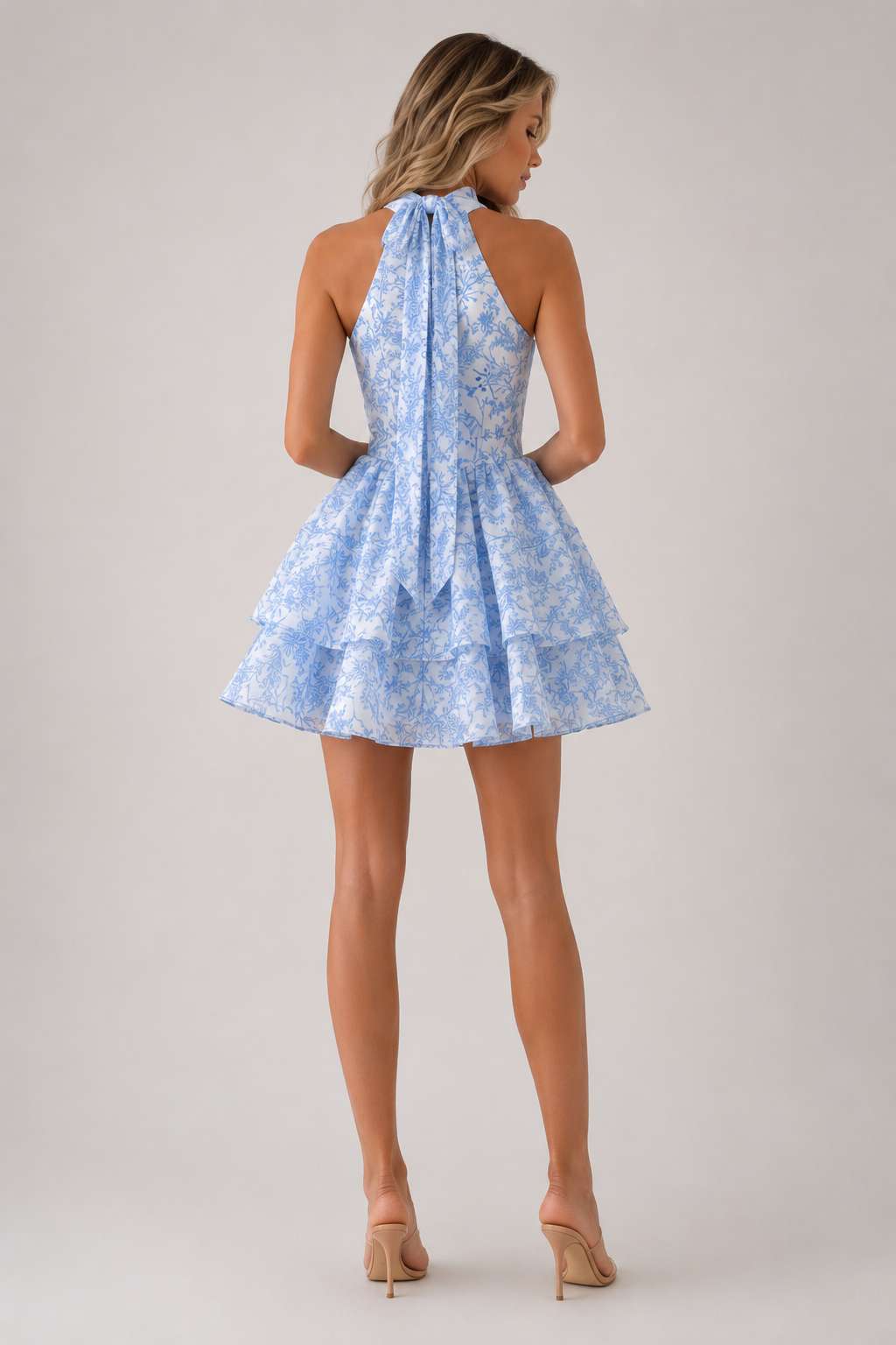 Elegant Halter Neck Printed Ruched Waist Double Layer Ruffle Maxi Dress