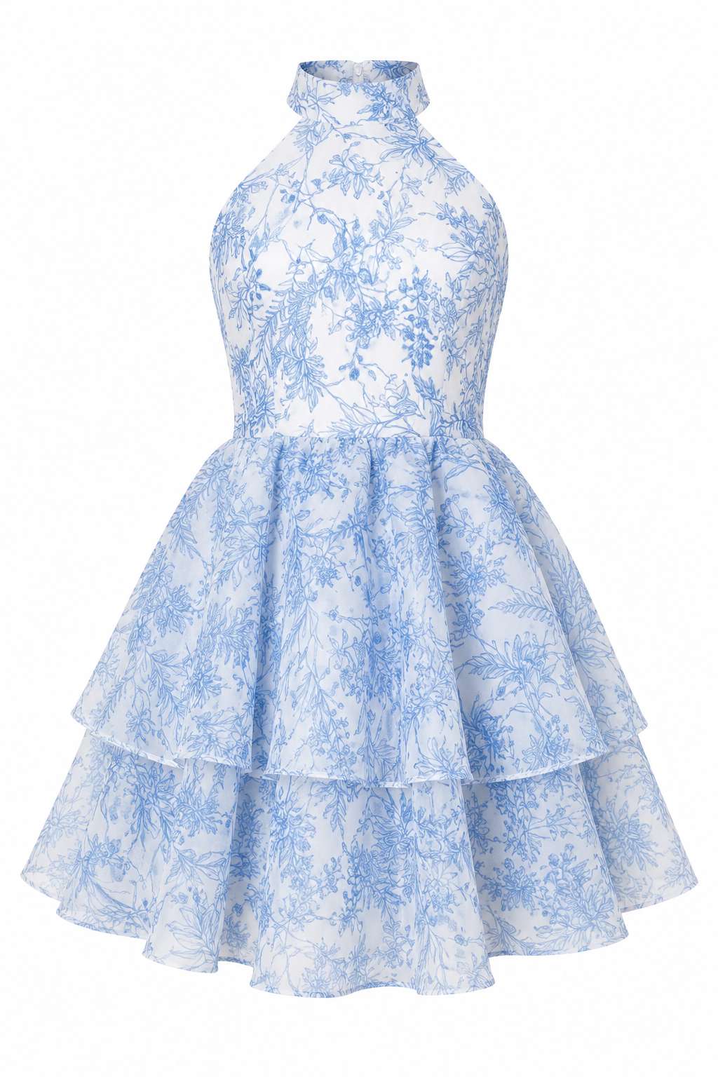 Elegant Halter Neck Printed Ruched Waist Double Layer Ruffle Maxi Dress