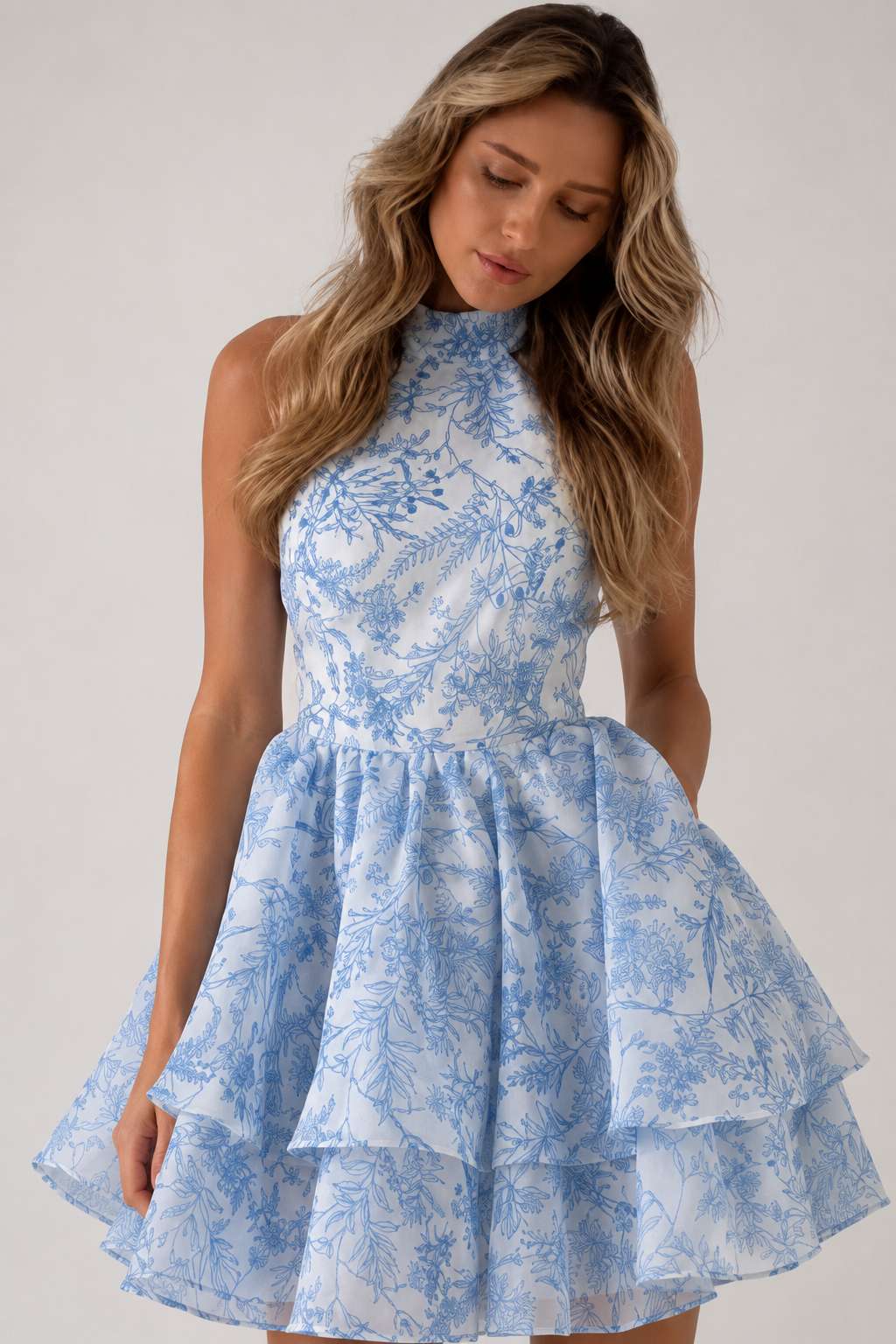 Elegant Halter Neck Printed Ruched Waist Double Layer Ruffle Maxi Dress