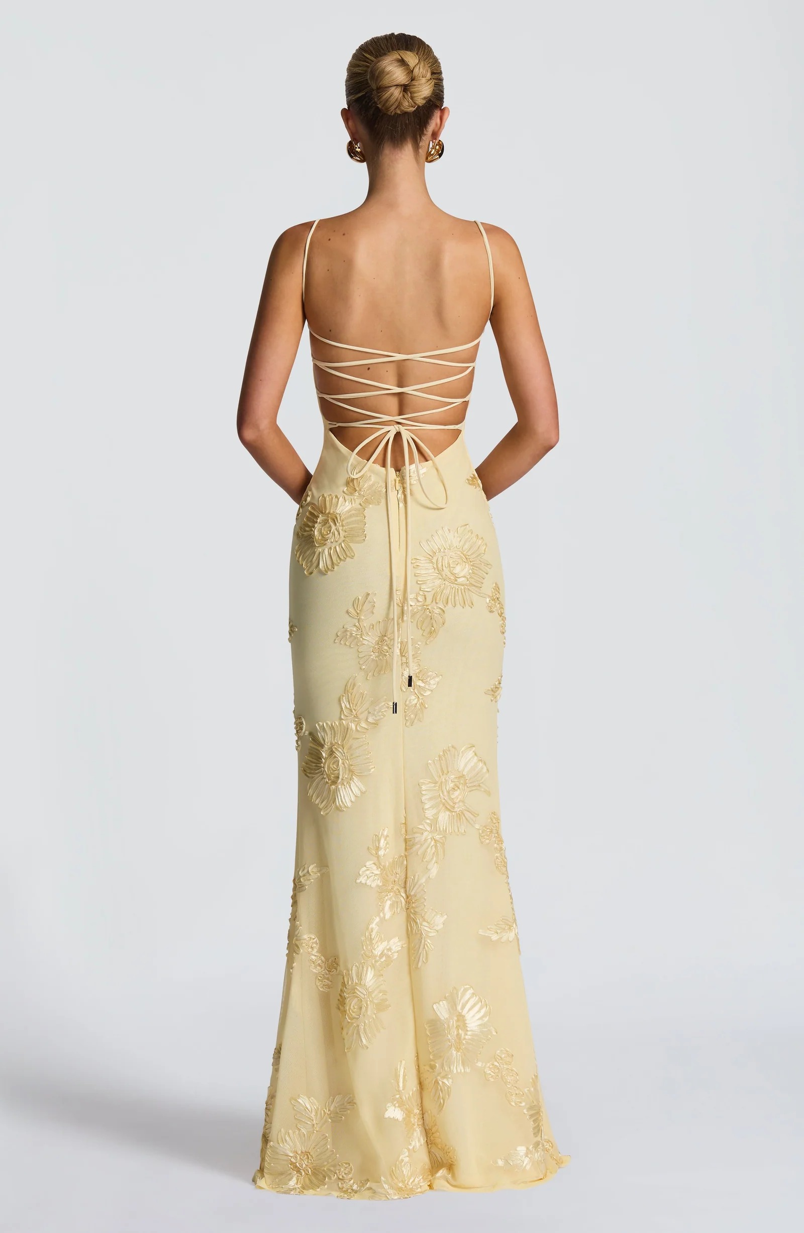 Slim Fit French Backless Solid Maxi Dress with Floral Detail Evening Gown