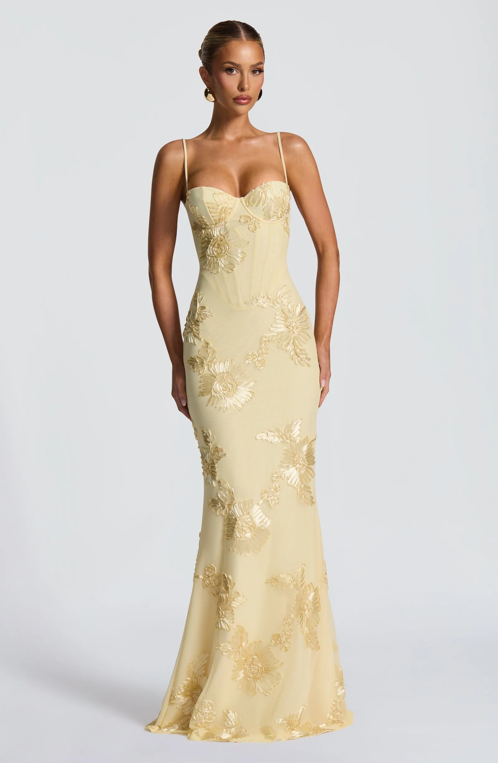 Slim Fit French Backless Solid Maxi Dress with Floral Detail Evening Gown