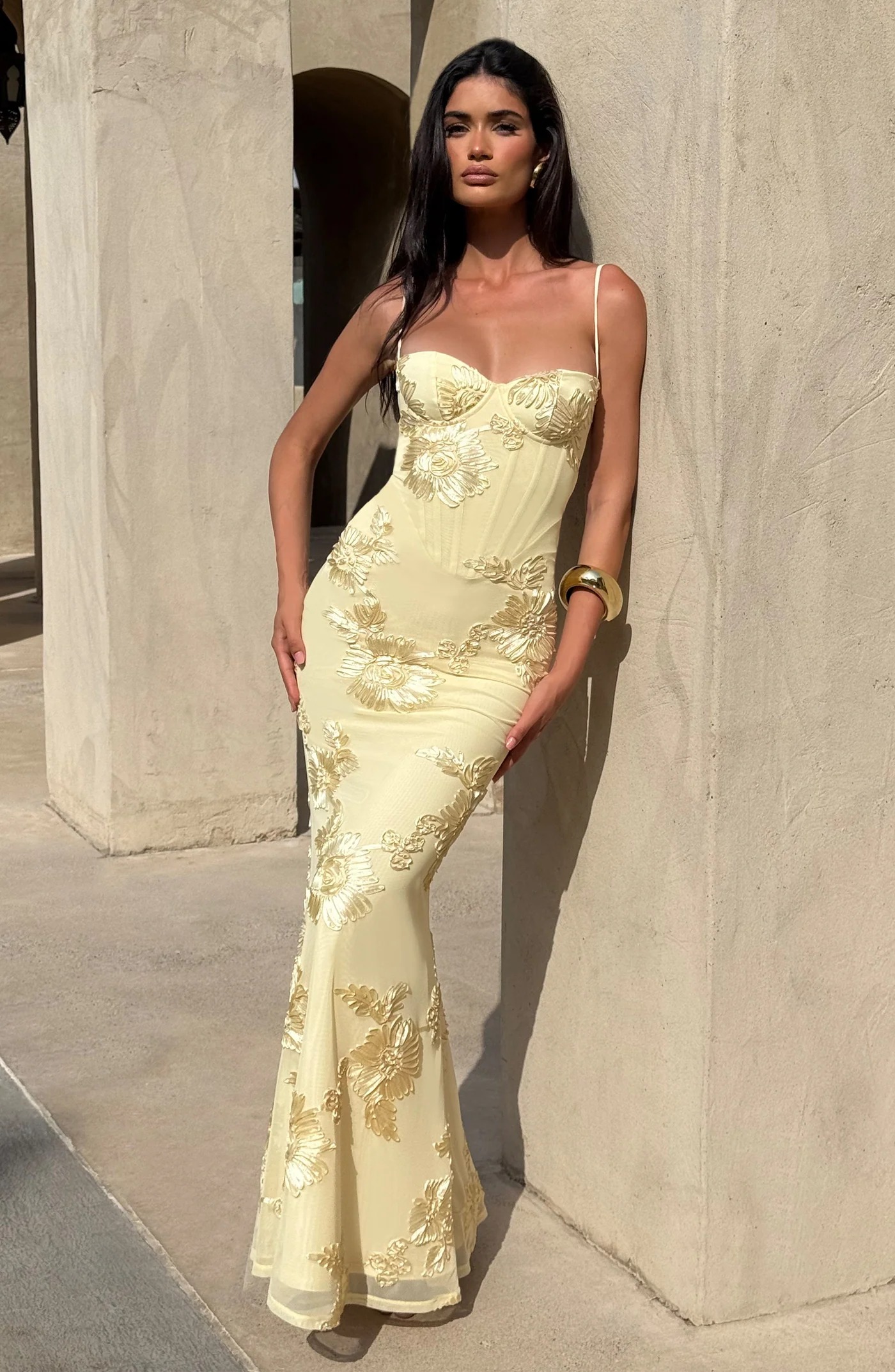 Slim Fit French Backless Solid Maxi Dress with Floral Detail Evening Gown