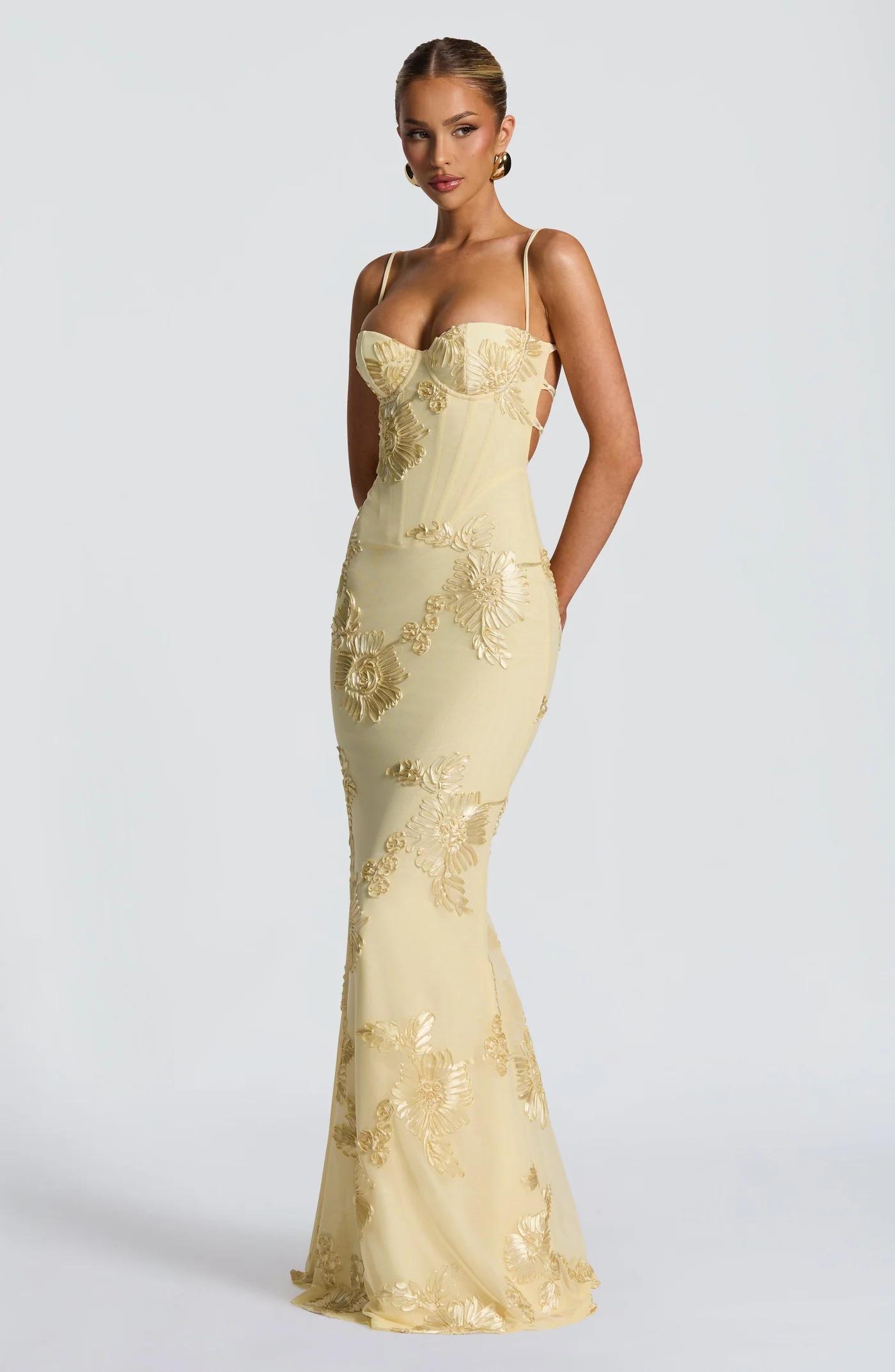 Slim Fit French Backless Solid Maxi Dress with Floral Detail Evening Gown