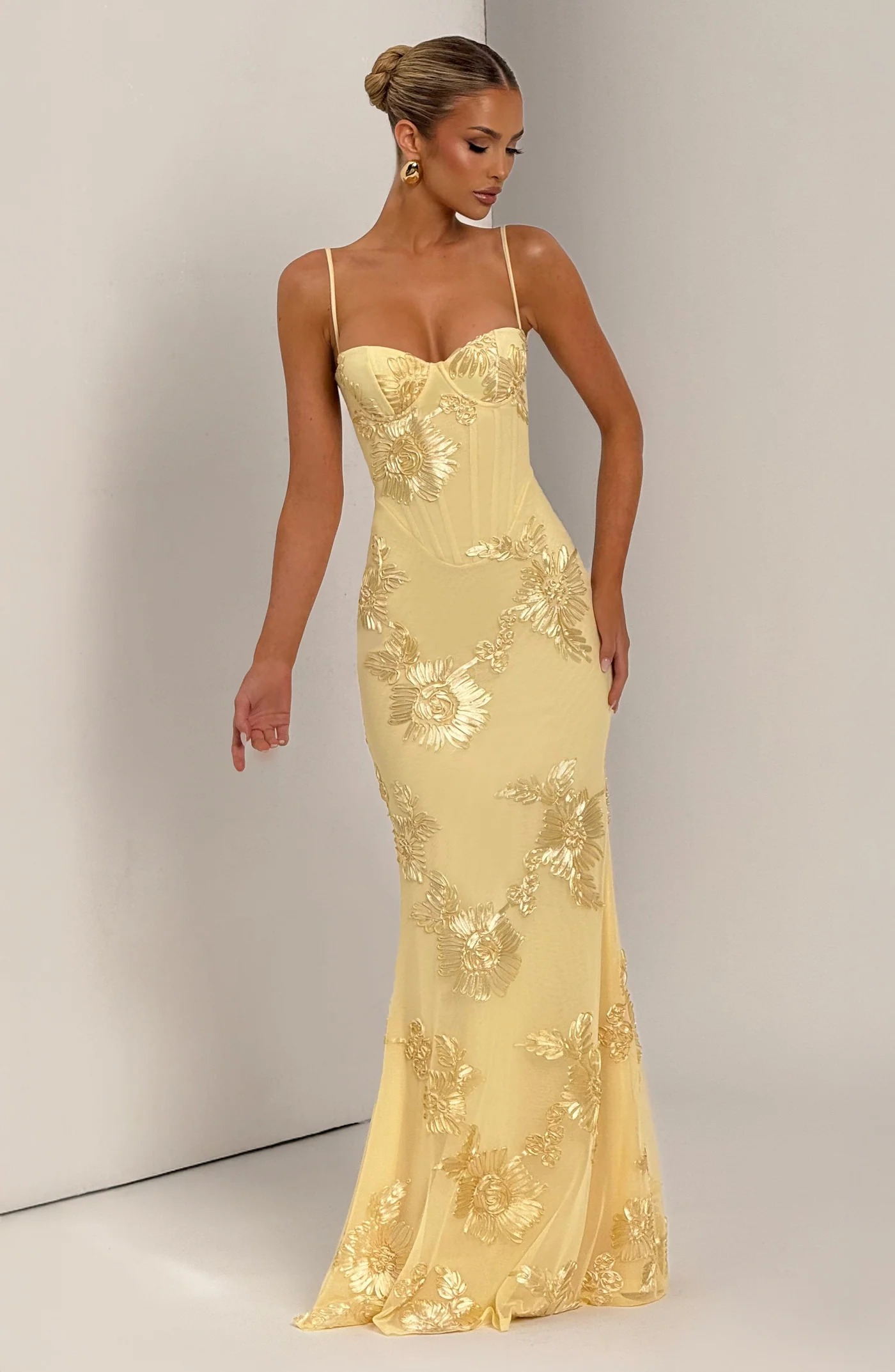 Slim Fit French Backless Solid Maxi Dress with Floral Detail Evening Gown