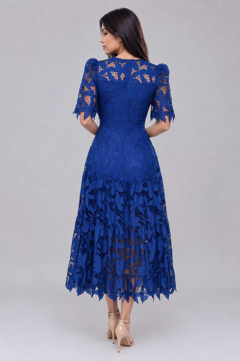Lace Hollow Out Round Neck Ruched Waist Long Sleeve Maxi Dress