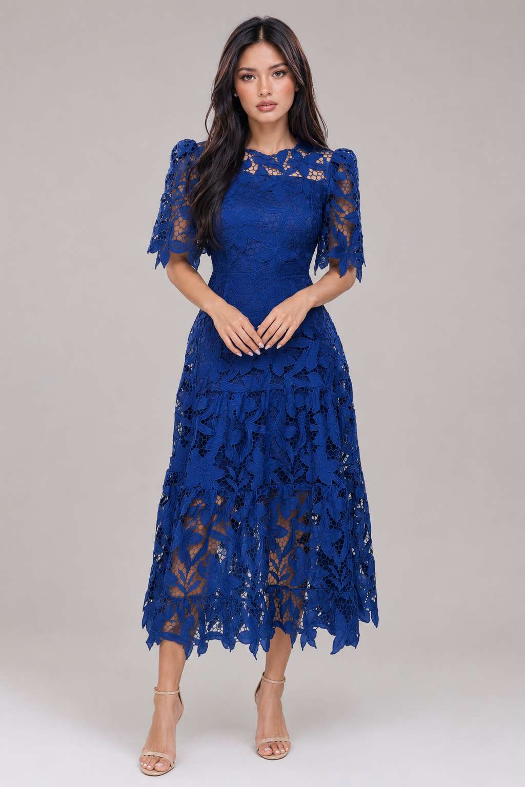 Lace Hollow Out Round Neck Ruched Waist Long Sleeve Maxi Dress