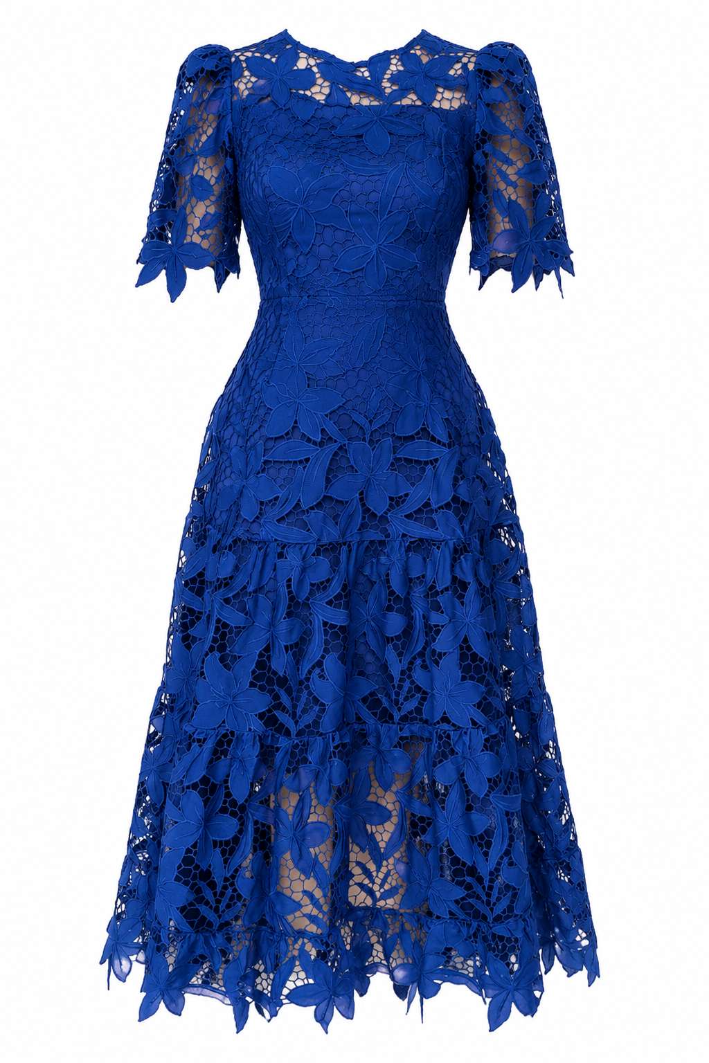 Lace Hollow Out Round Neck Ruched Waist Long Sleeve Maxi Dress