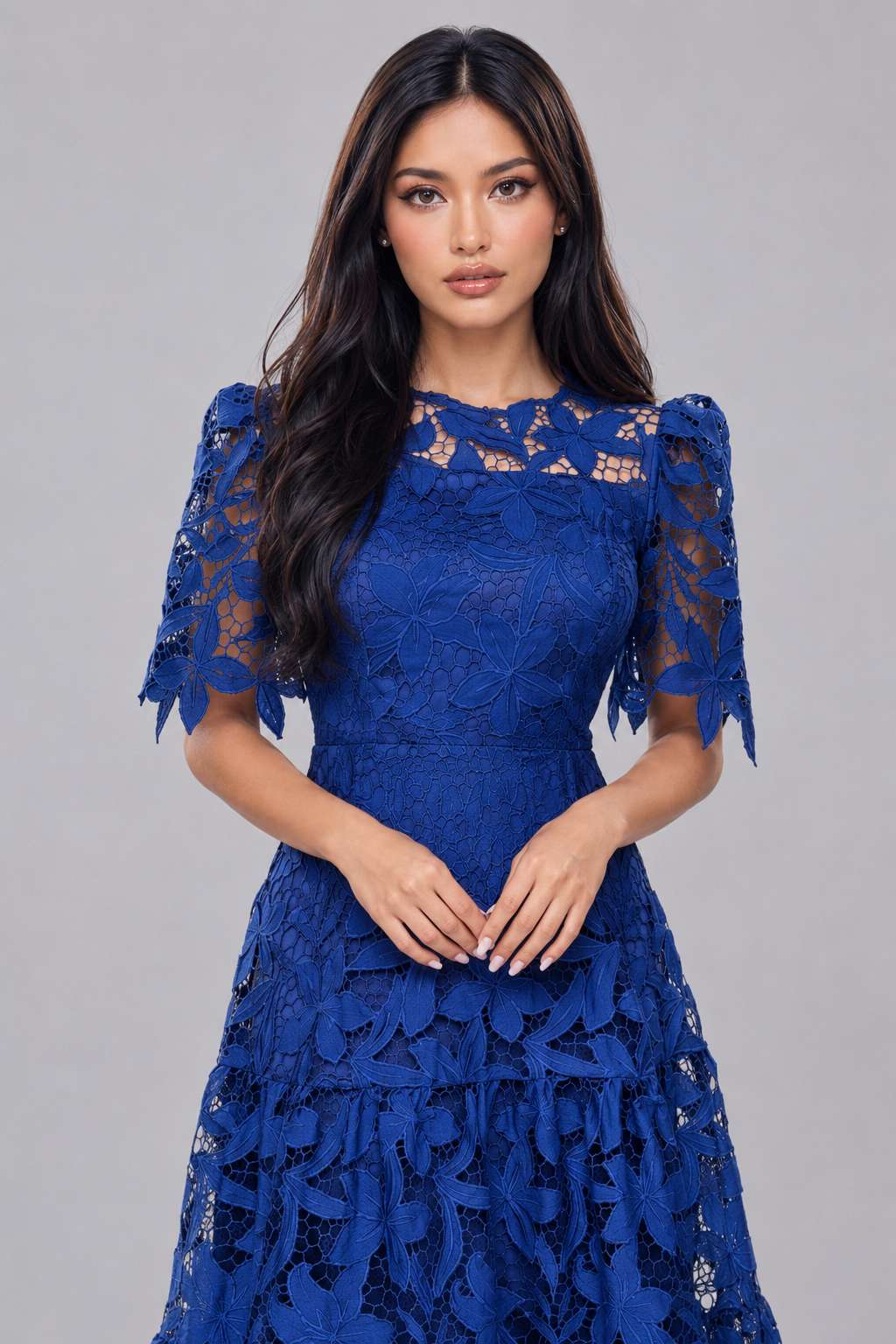 Lace Hollow Out Round Neck Ruched Waist Long Sleeve Maxi Dress