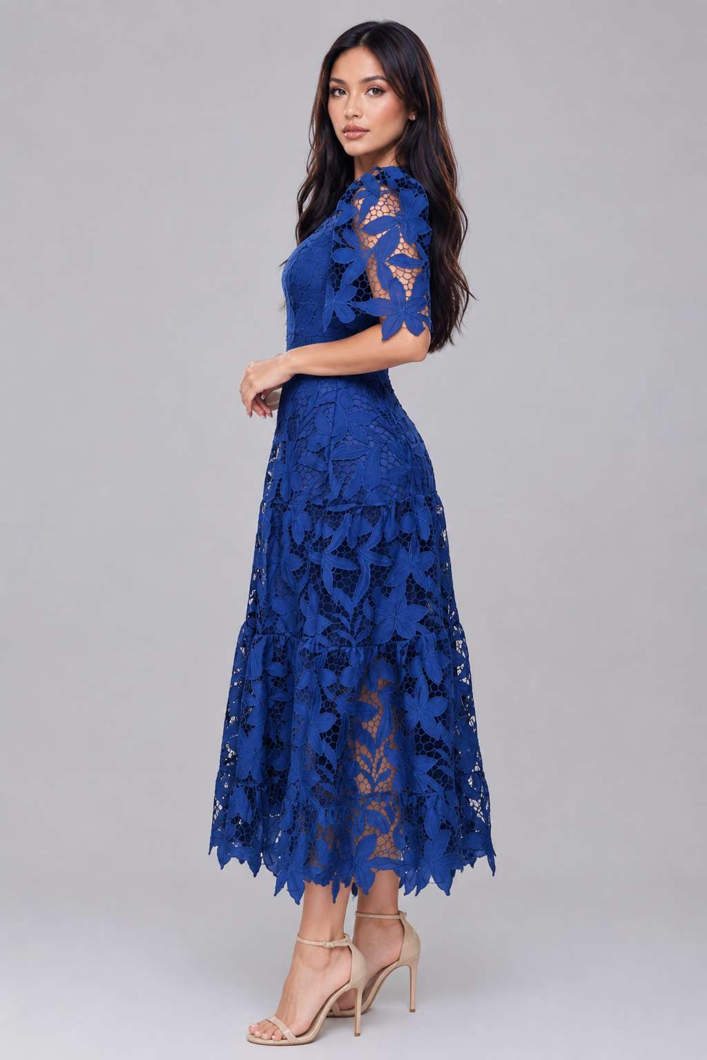 Lace Hollow Out Round Neck Ruched Waist Long Sleeve Maxi Dress