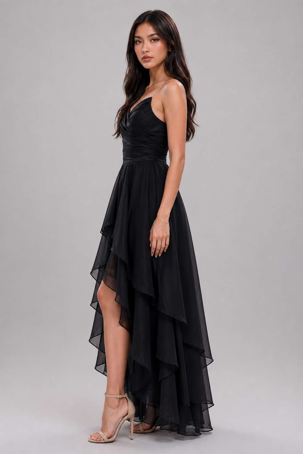 Black Spaghetti Strap Ruffle Ruched Waist Maxi Dress