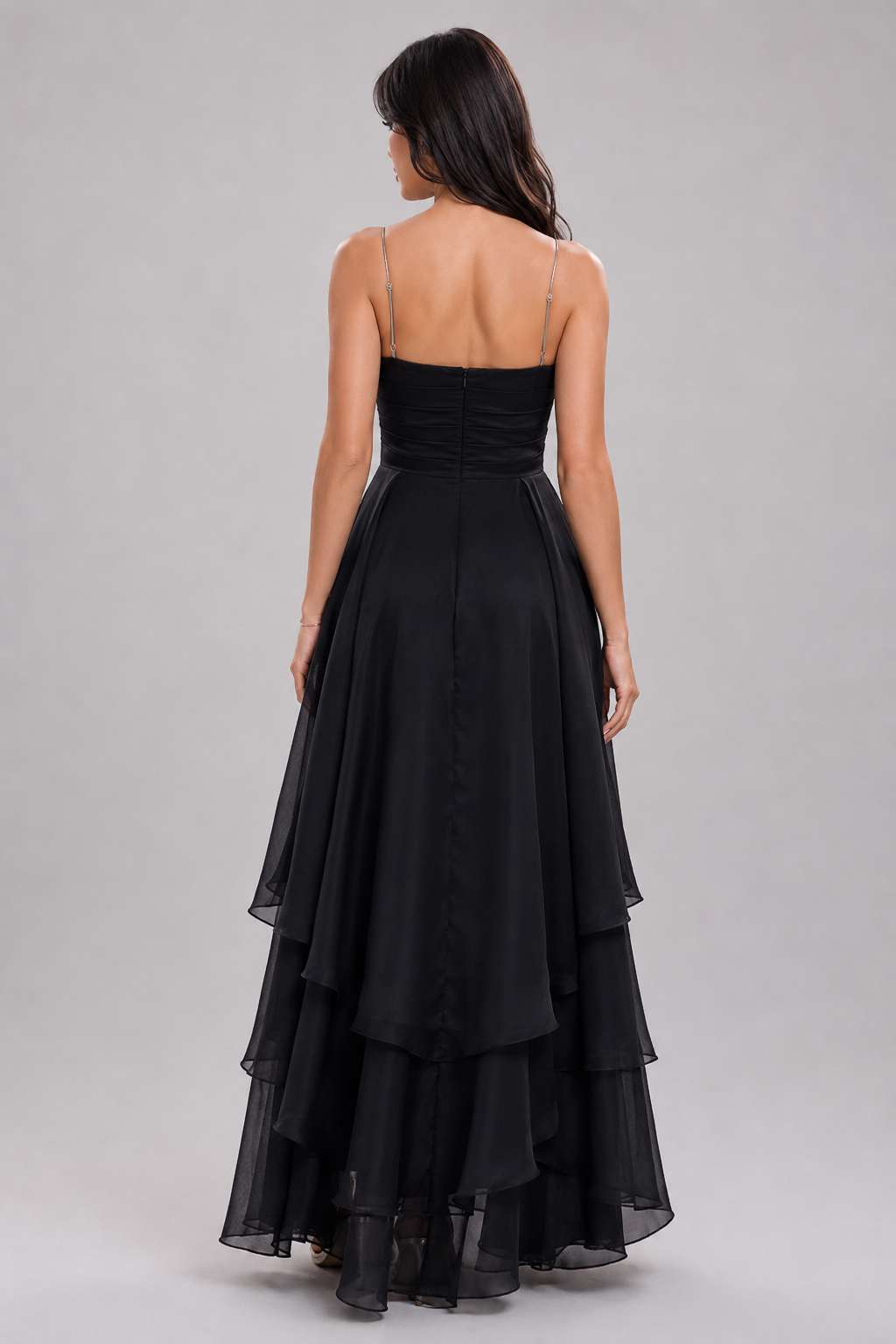 Black Spaghetti Strap Ruffle Ruched Waist Maxi Dress