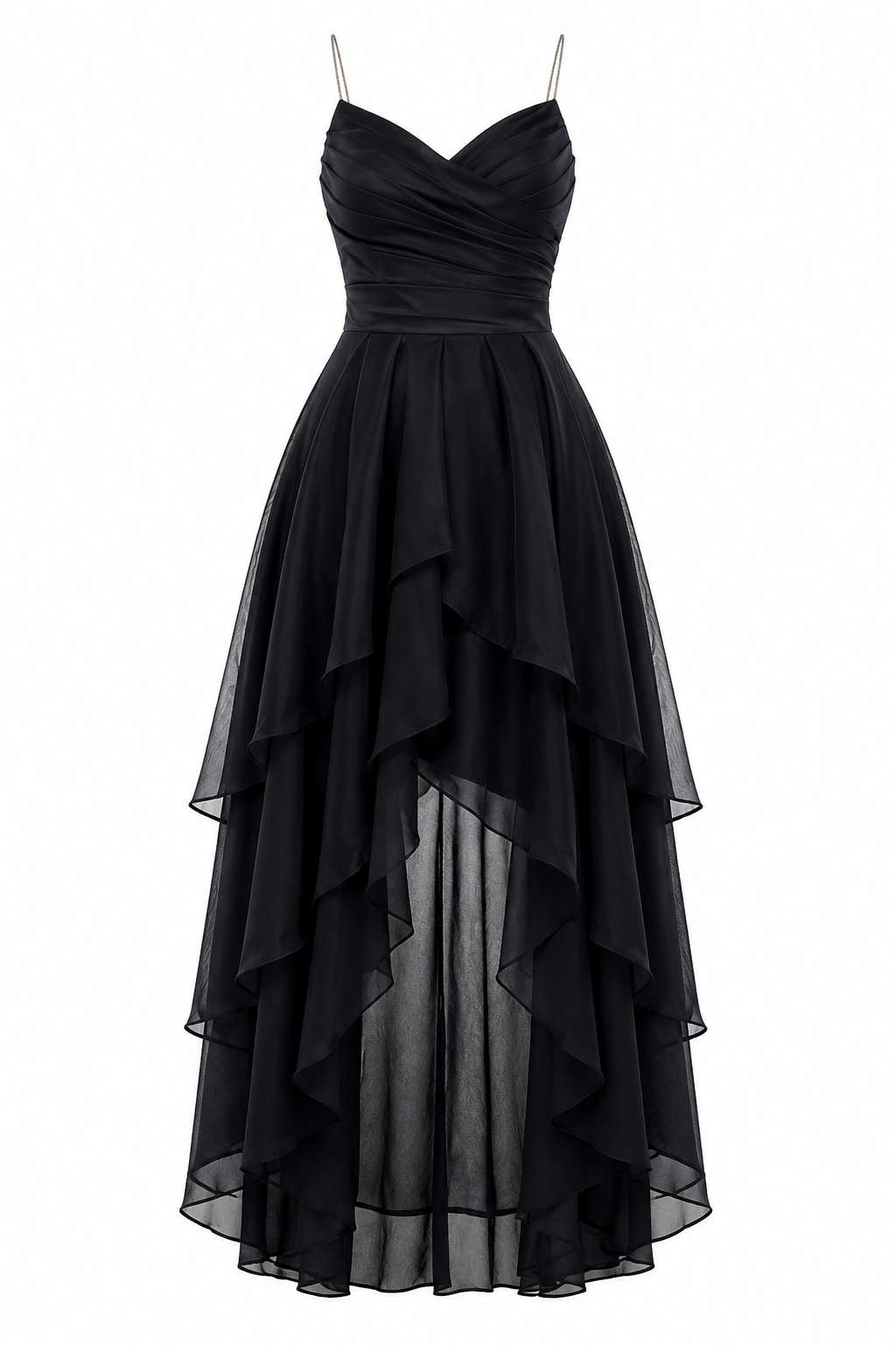 Black Spaghetti Strap Ruffle Ruched Waist Maxi Dress