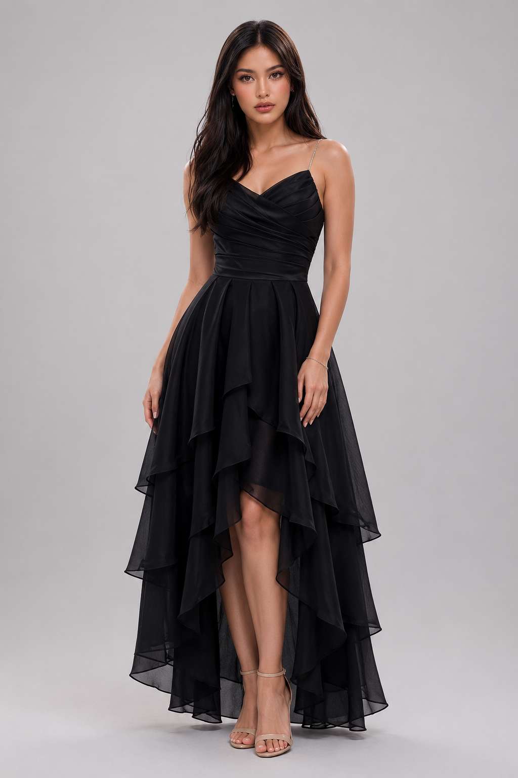 Black Spaghetti Strap Ruffle Ruched Waist Maxi Dress
