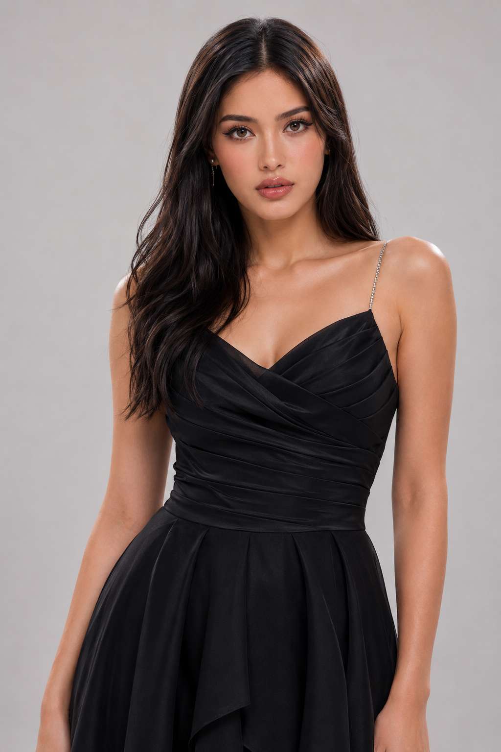 Black Spaghetti Strap Ruffle Ruched Waist Maxi Dress