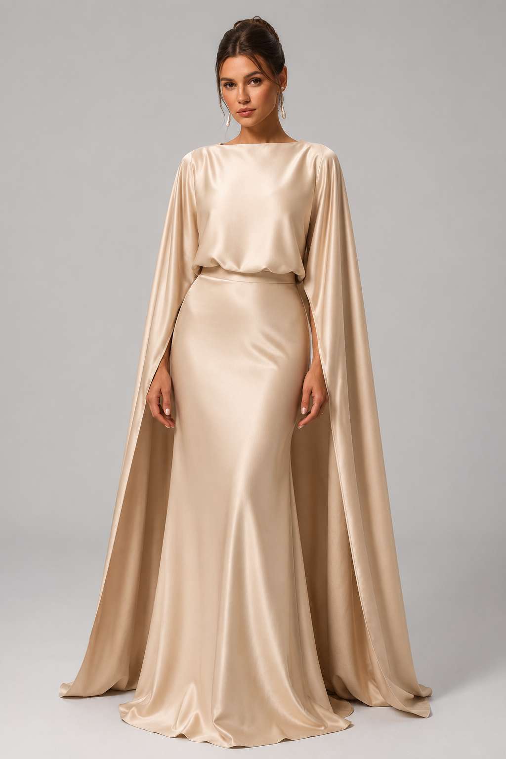 Elegant Draped Shawl Slim Fit Champagne Evening Maxi Dress
