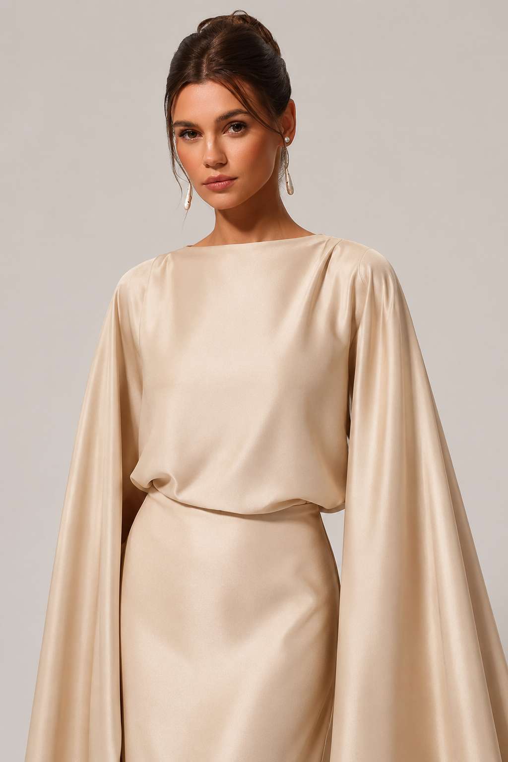Elegant Draped Shawl Slim Fit Champagne Evening Maxi Dress