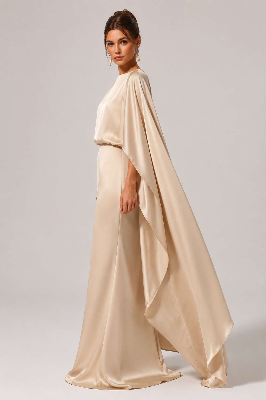 Elegant Draped Shawl Slim Fit Champagne Evening Maxi Dress