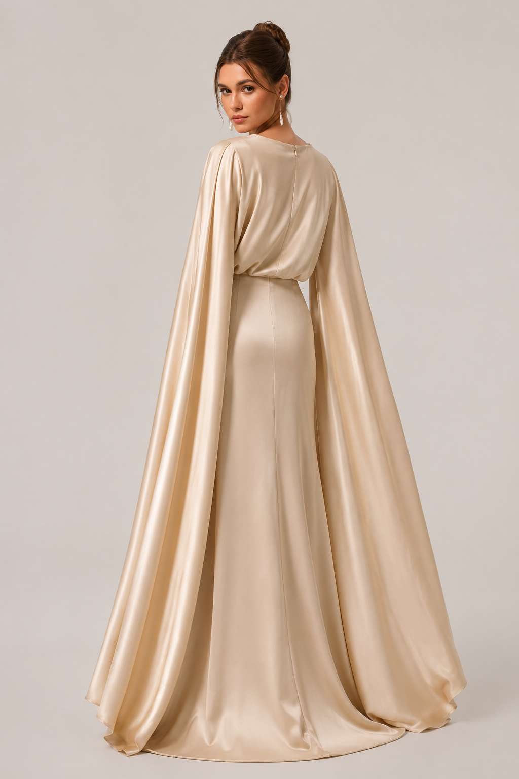 Elegant Draped Shawl Slim Fit Champagne Evening Maxi Dress