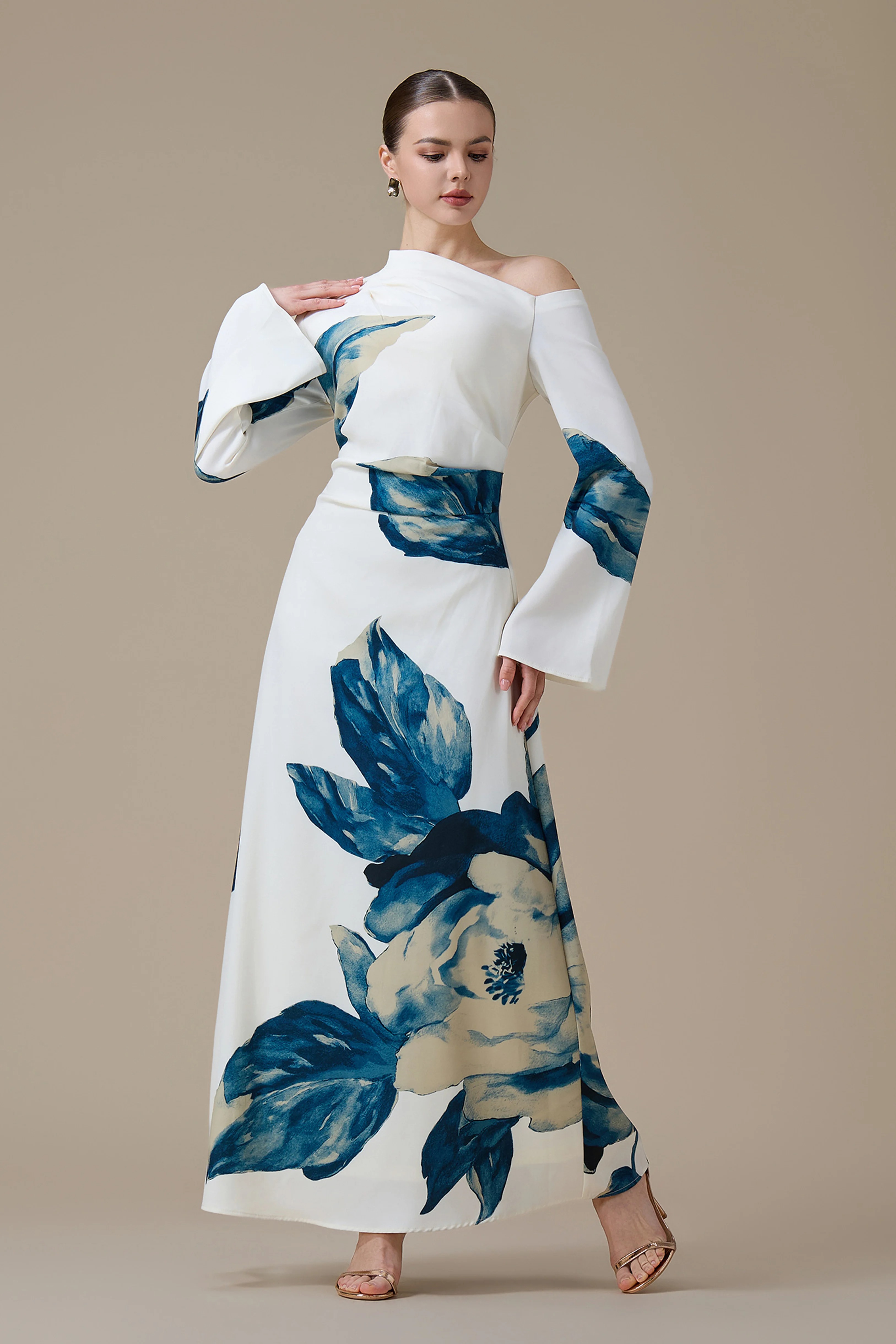 One Shoulder Off Shoulder Ruched Waist Elegant Long Sleeve Maxi Dress
