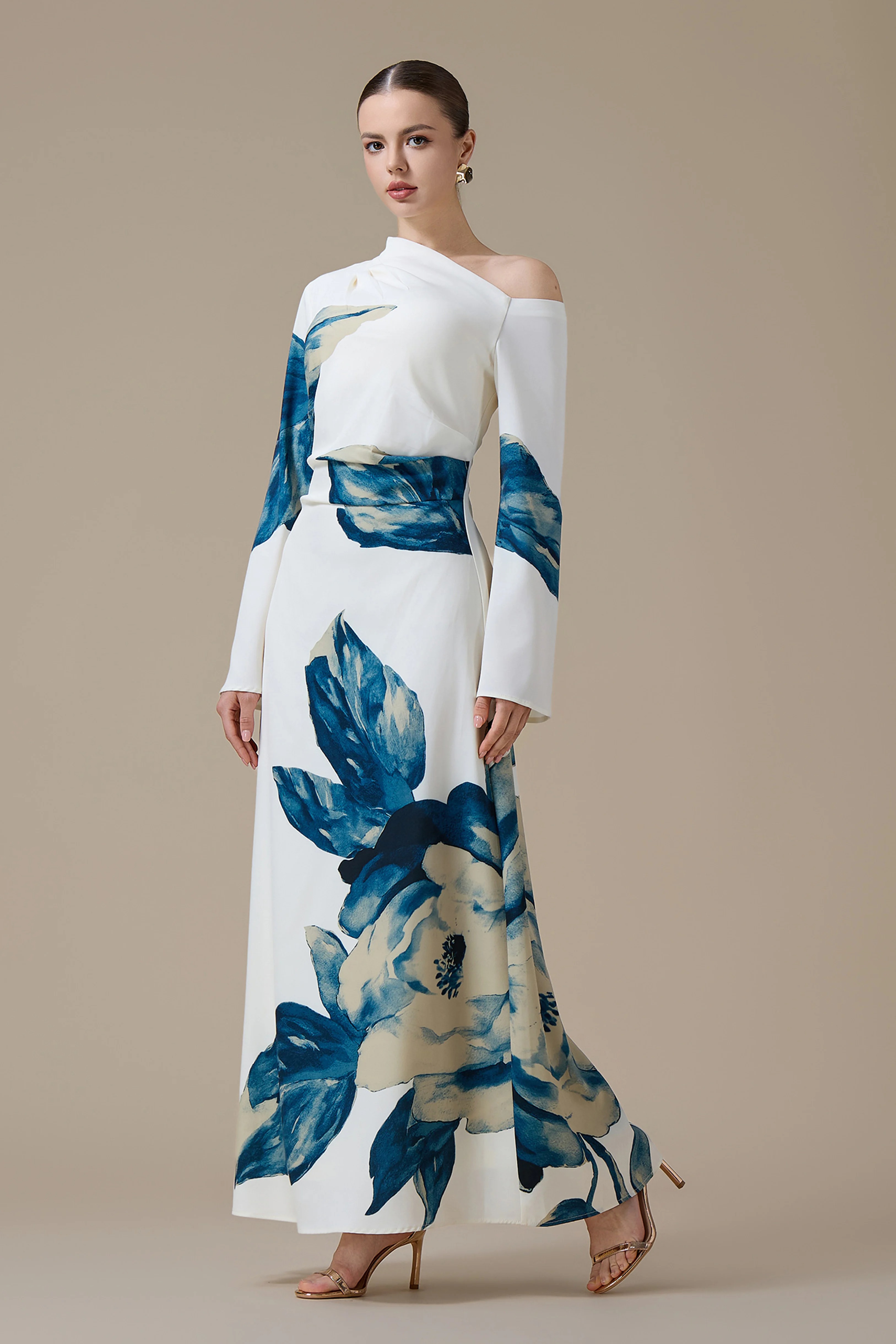 One Shoulder Off Shoulder Ruched Waist Elegant Long Sleeve Maxi Dress