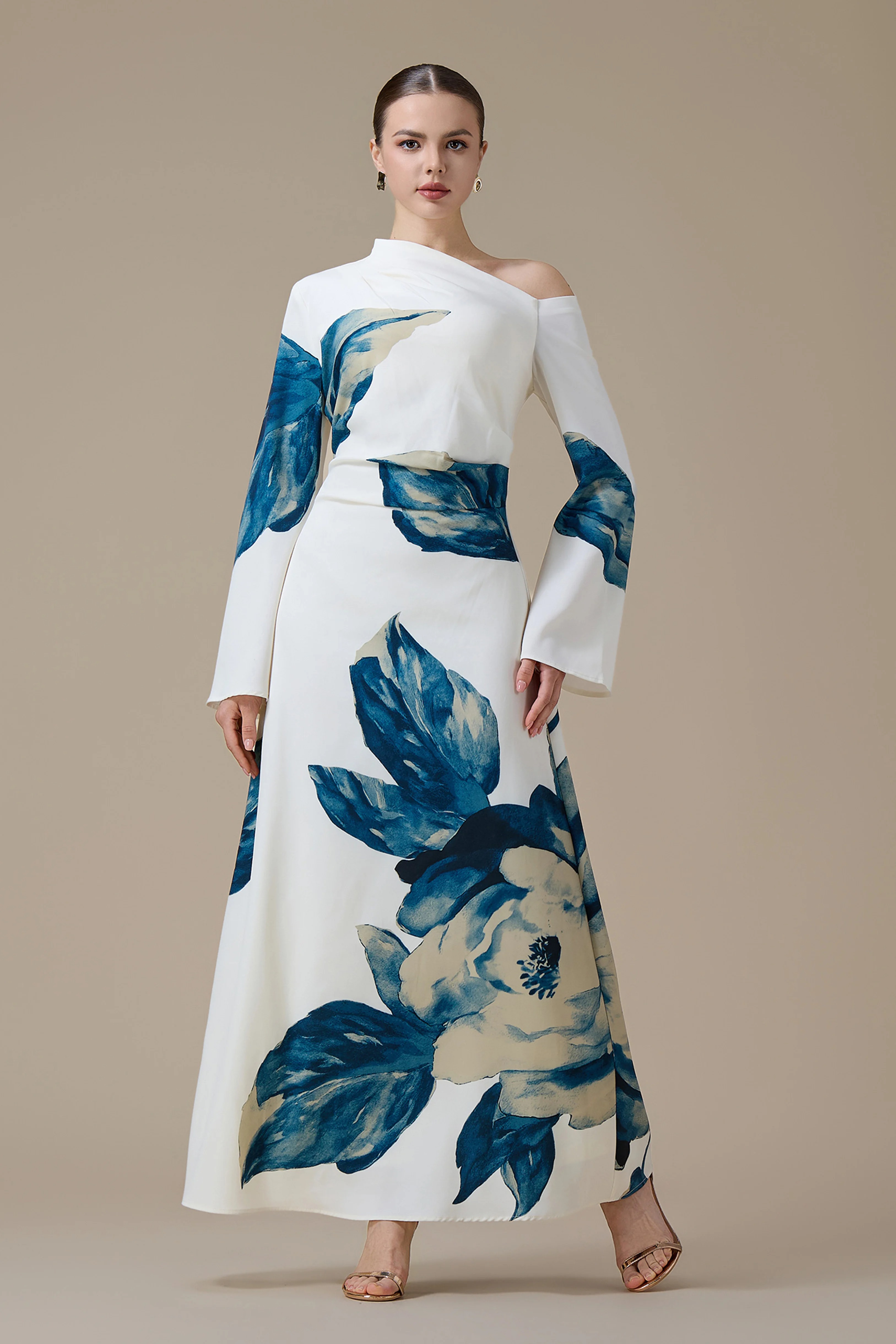 One Shoulder Off Shoulder Ruched Waist Elegant Long Sleeve Maxi Dress