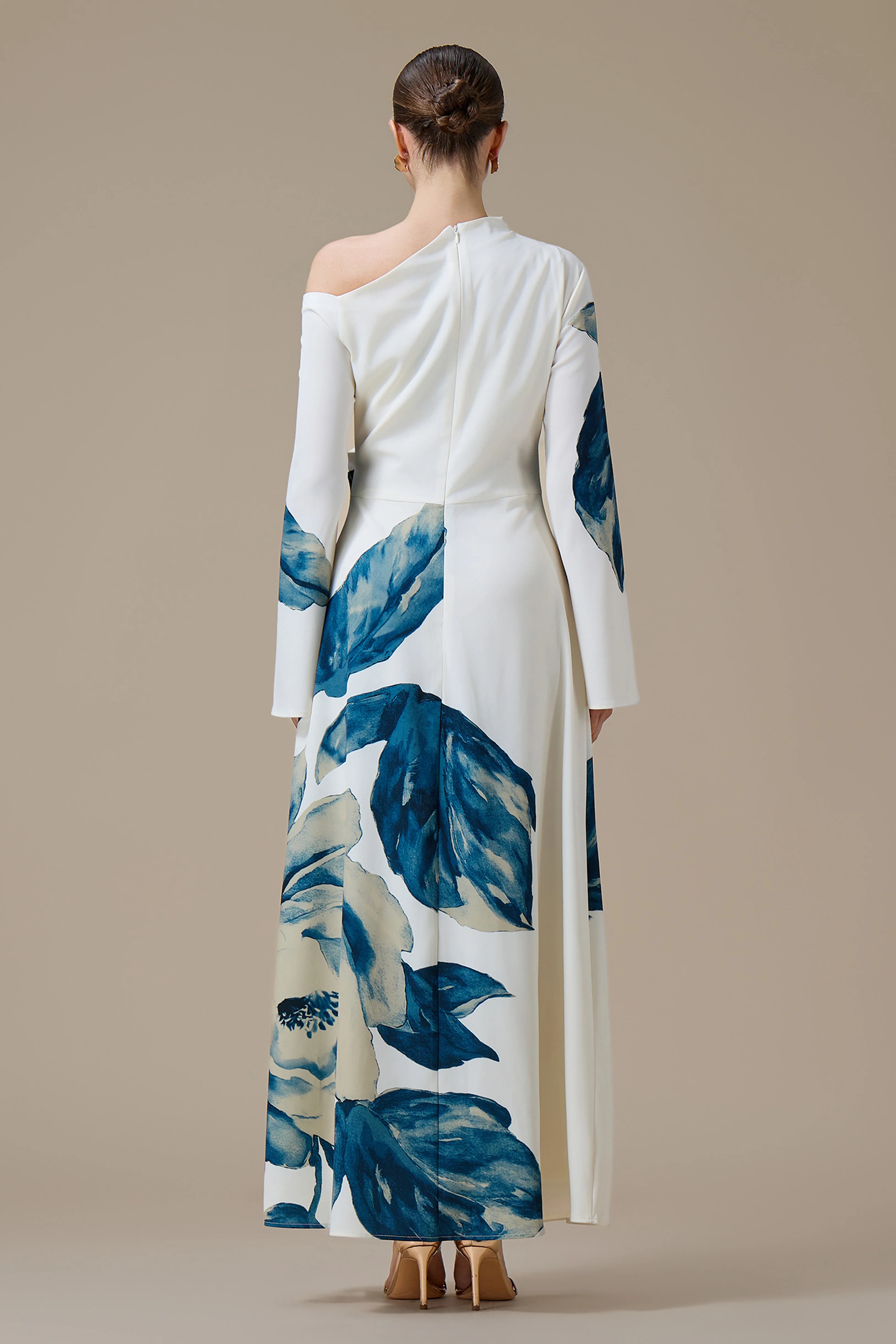 One Shoulder Off Shoulder Ruched Waist Elegant Long Sleeve Maxi Dress