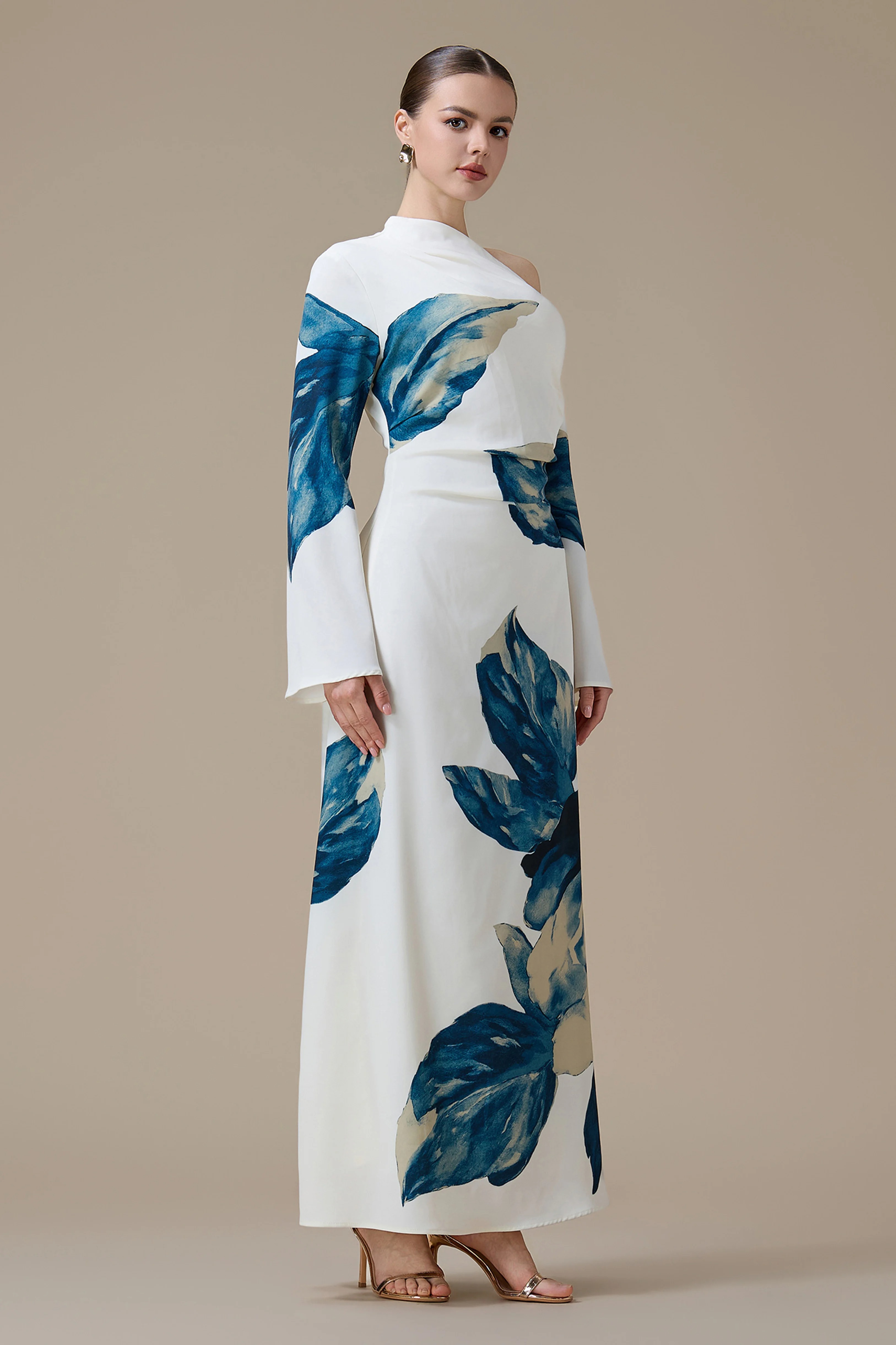 One Shoulder Off Shoulder Ruched Waist Elegant Long Sleeve Maxi Dress