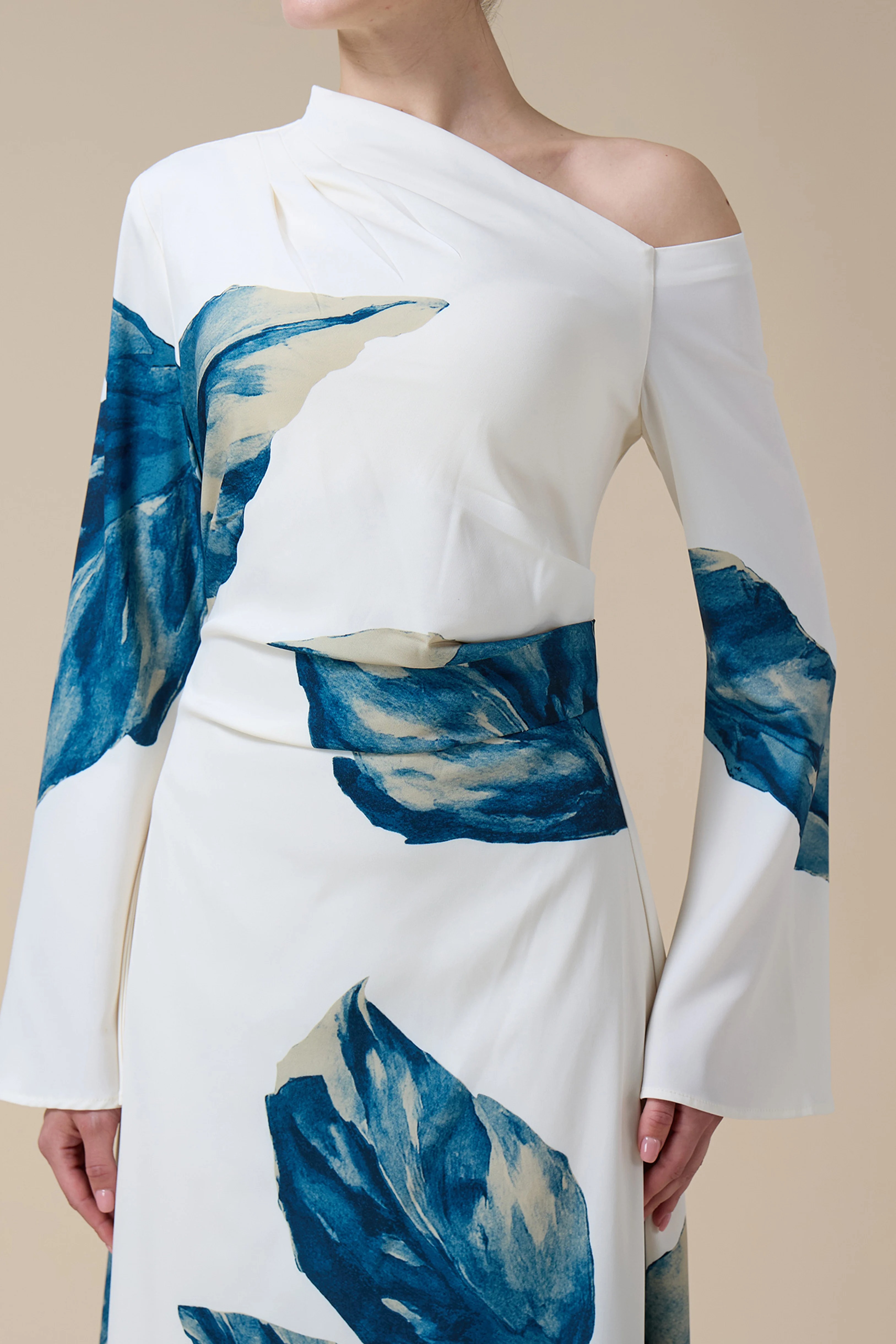 One Shoulder Off Shoulder Ruched Waist Elegant Long Sleeve Maxi Dress