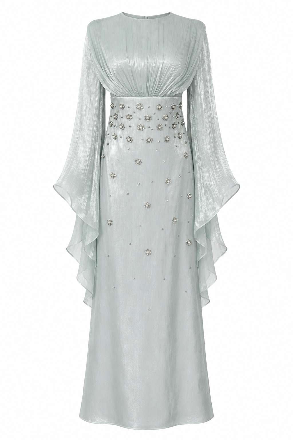 Crystal Embellished Ruched Waist Flutter Sleeve Satin Evening Gown