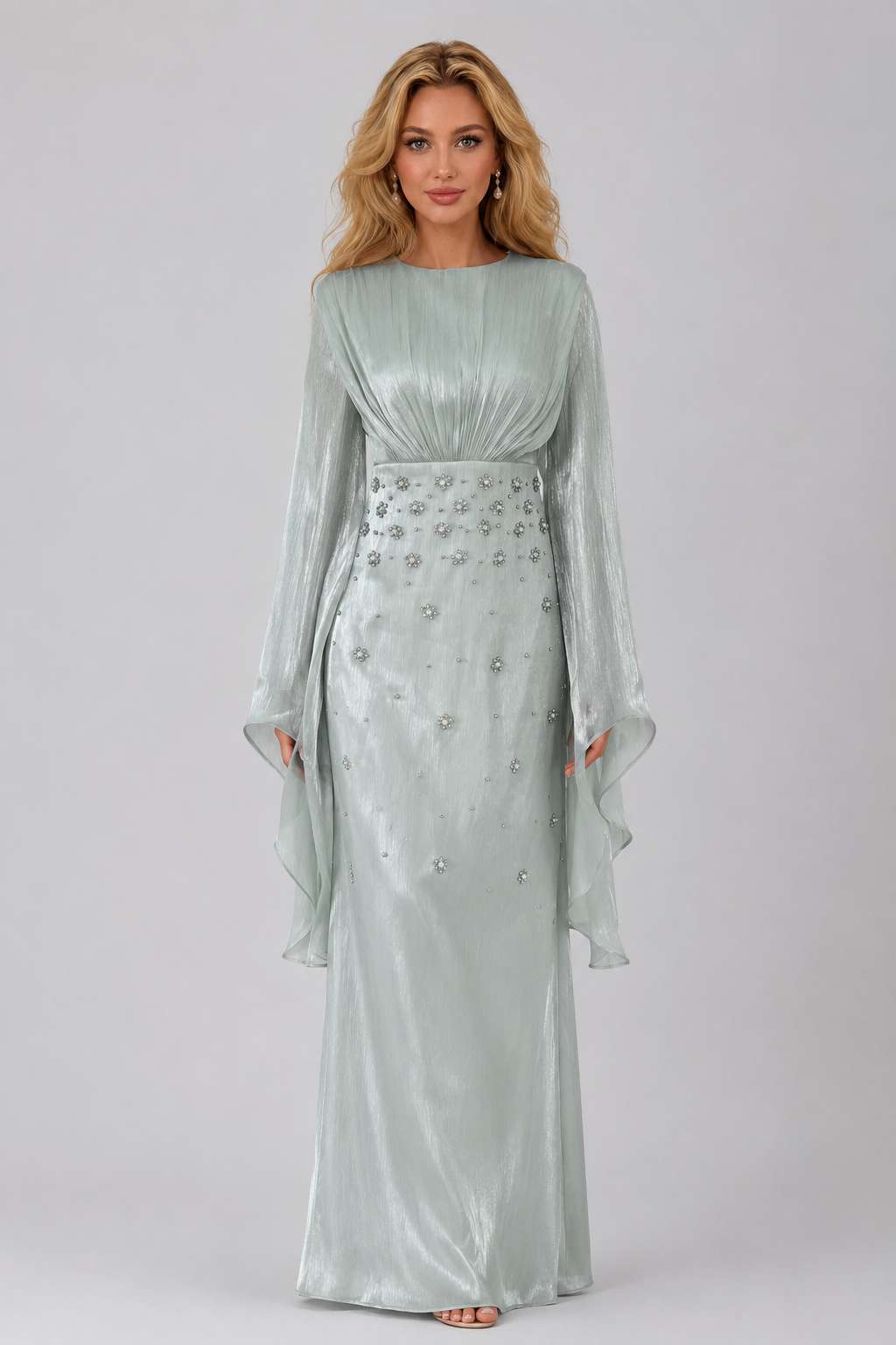 Crystal Embellished Ruched Waist Flutter Sleeve Satin Evening Gown